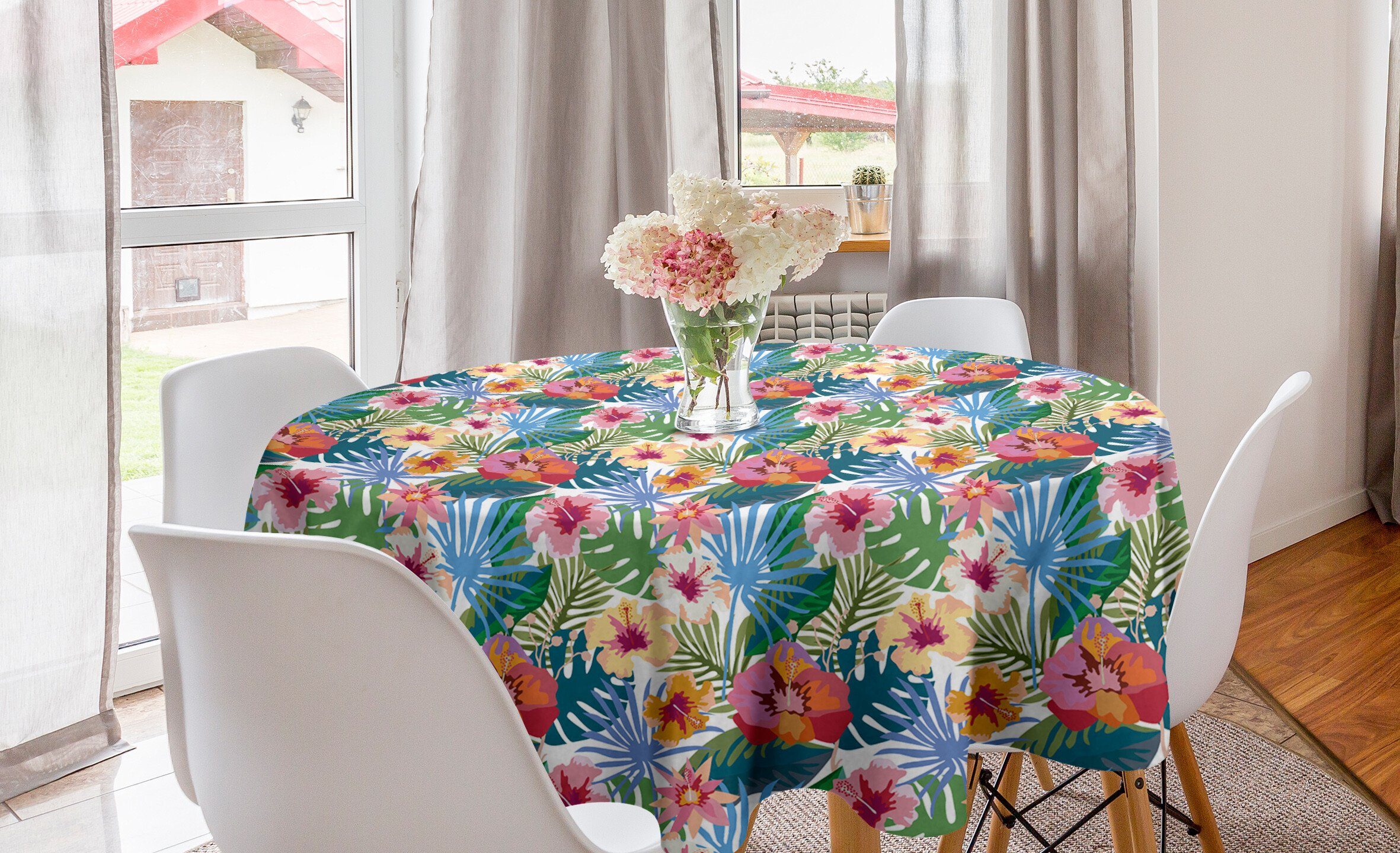 Abakuhaus Tischdecke Kreis Tischdecke Abdeckung für Esszimmer Küche Dekoration, Aloha Jungle Natur blühen Motive