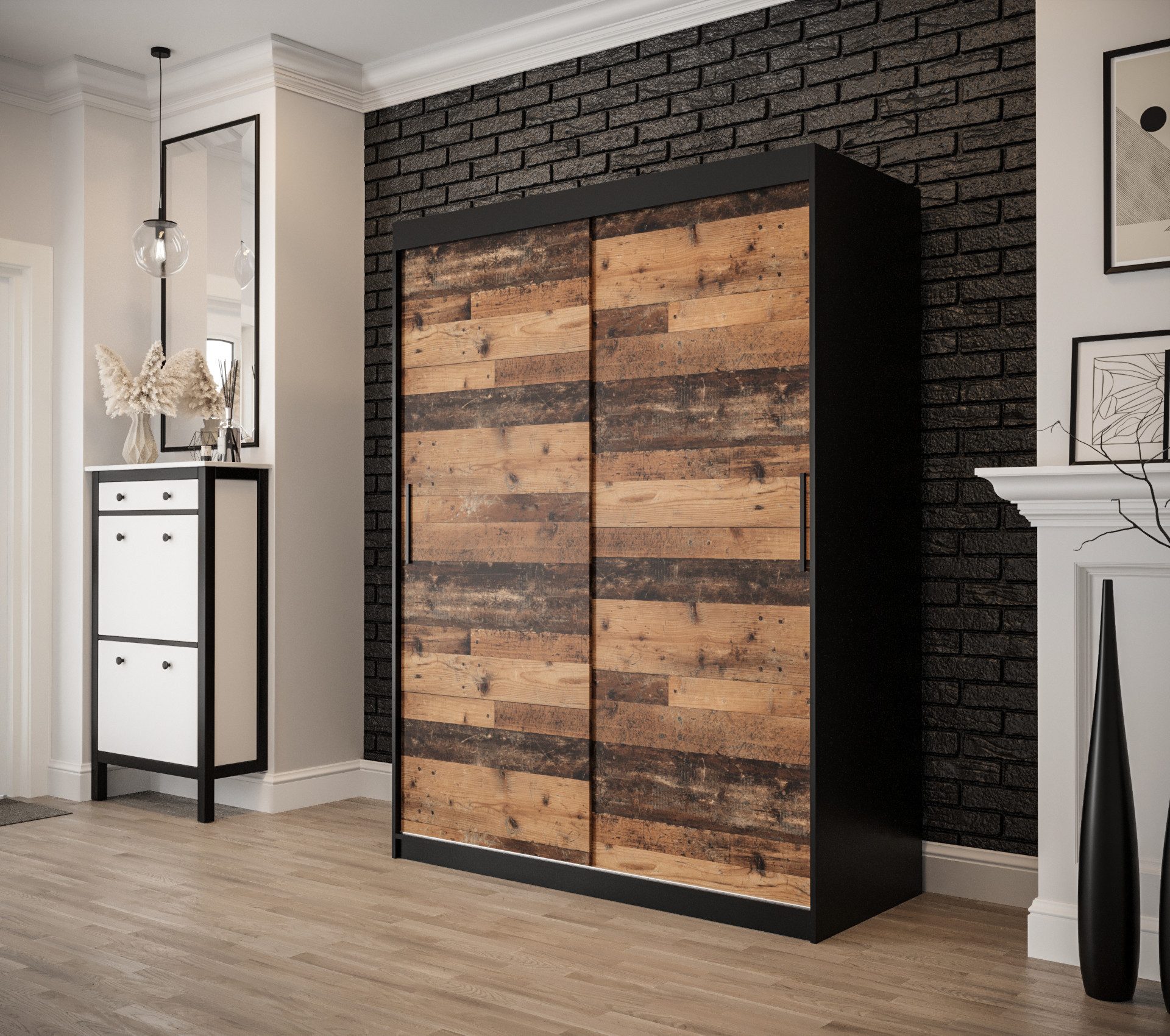 ABIKS MÖBEL Schwebetürenschrank OLD STYLE T Schlafzimmerschrank - Schiebetüren, Kleiderstange, Regalen