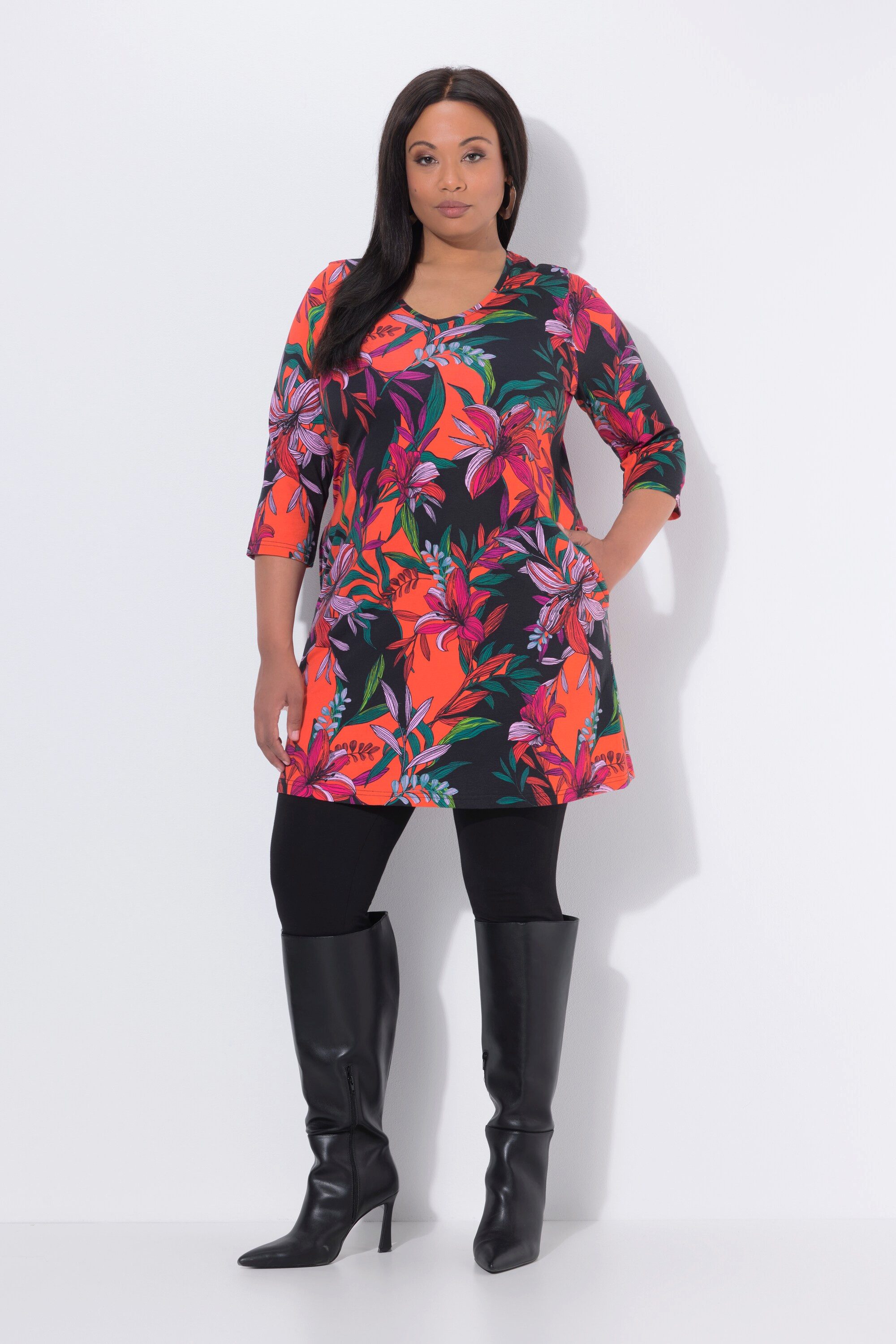 Ulla Popken Longshirt Longshirt Blüten A-Linie V-Ausschnitt 3/4-Arm