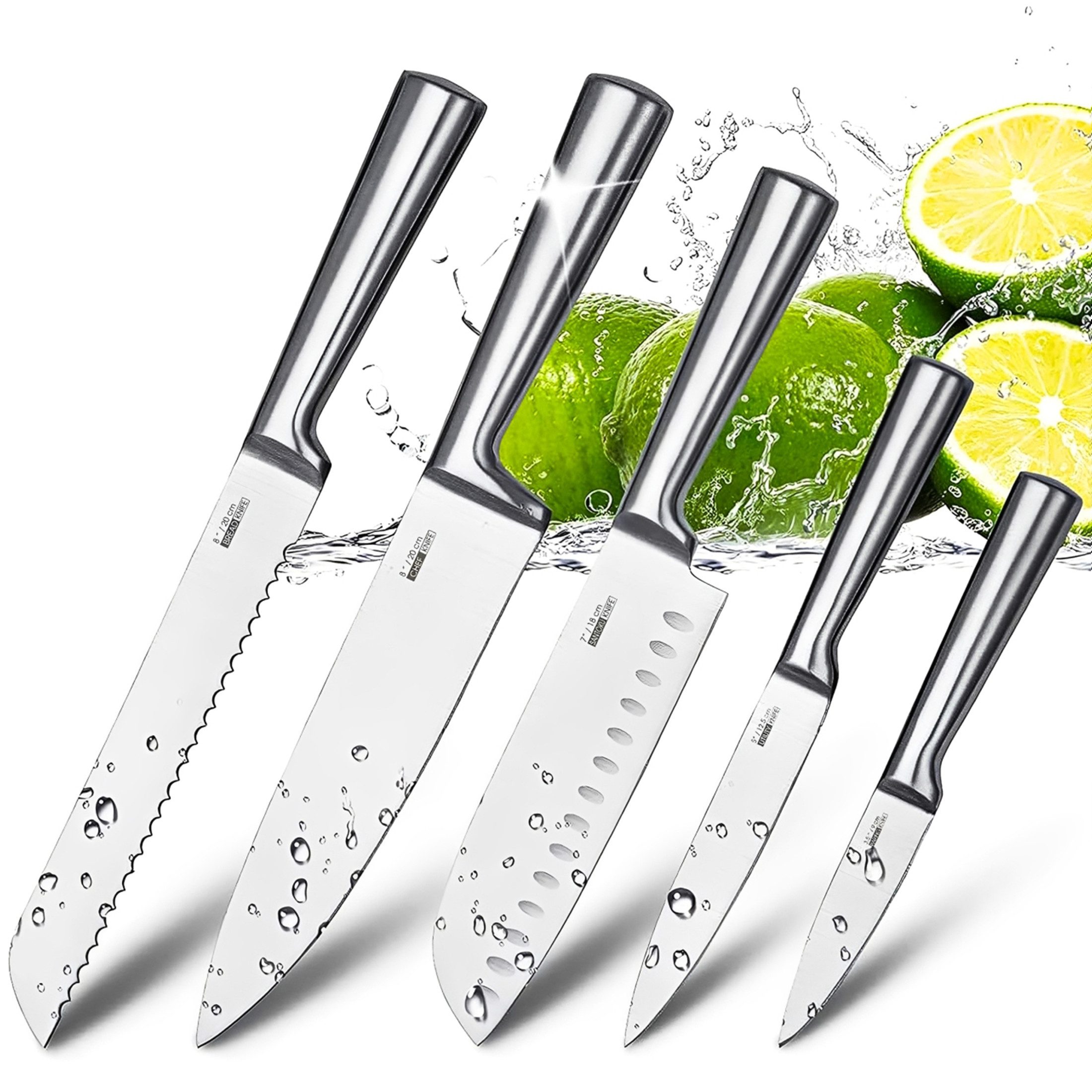 Luckice Messer-Set 5-teiliges Küchenmesser-Set mit scharfen Edelstahlklingen, Kochmesser (Santoku, Allzweckmesser, Brotmesser und Gemüsemesser, ergonomische Pakkawood-Griffe), für Fleisch, Obst, Gemüse und Brot im Alltag