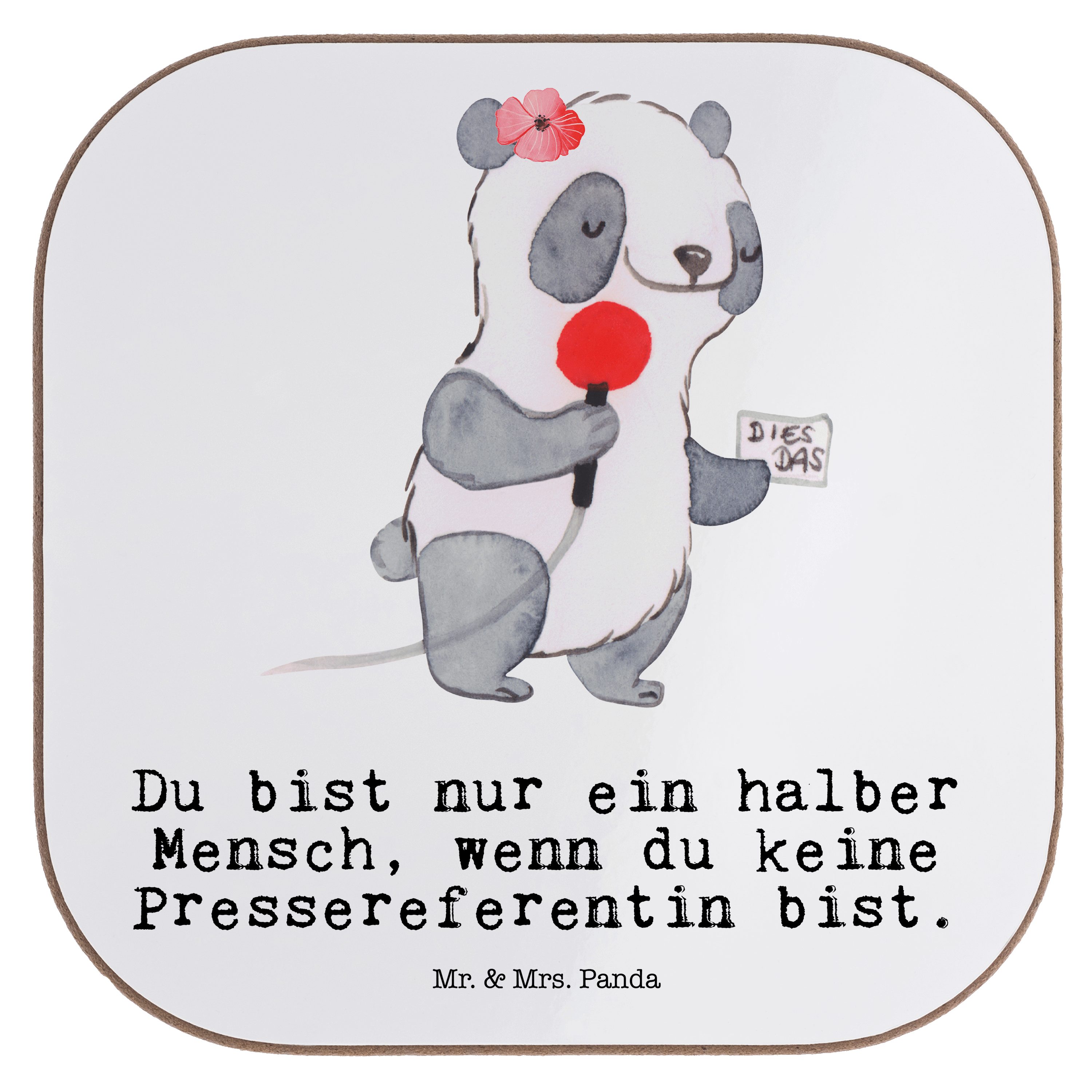 Mr. & Mrs. Panda Getränkeuntersetzer Pressereferentin mit Herz - Weiß - Geschenk, Studium, Ausbildung, Bie, 1-tlg.
