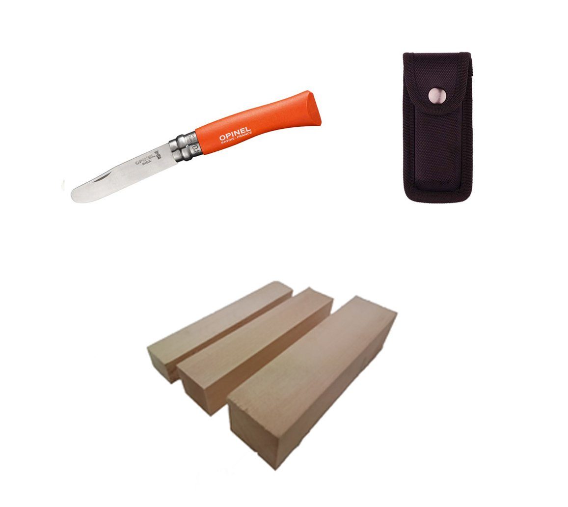 Opinel Taschenmesser, Opinel No 07, Kindermesser, orange + Etui + 3-tlg. Schnitzholz-Set