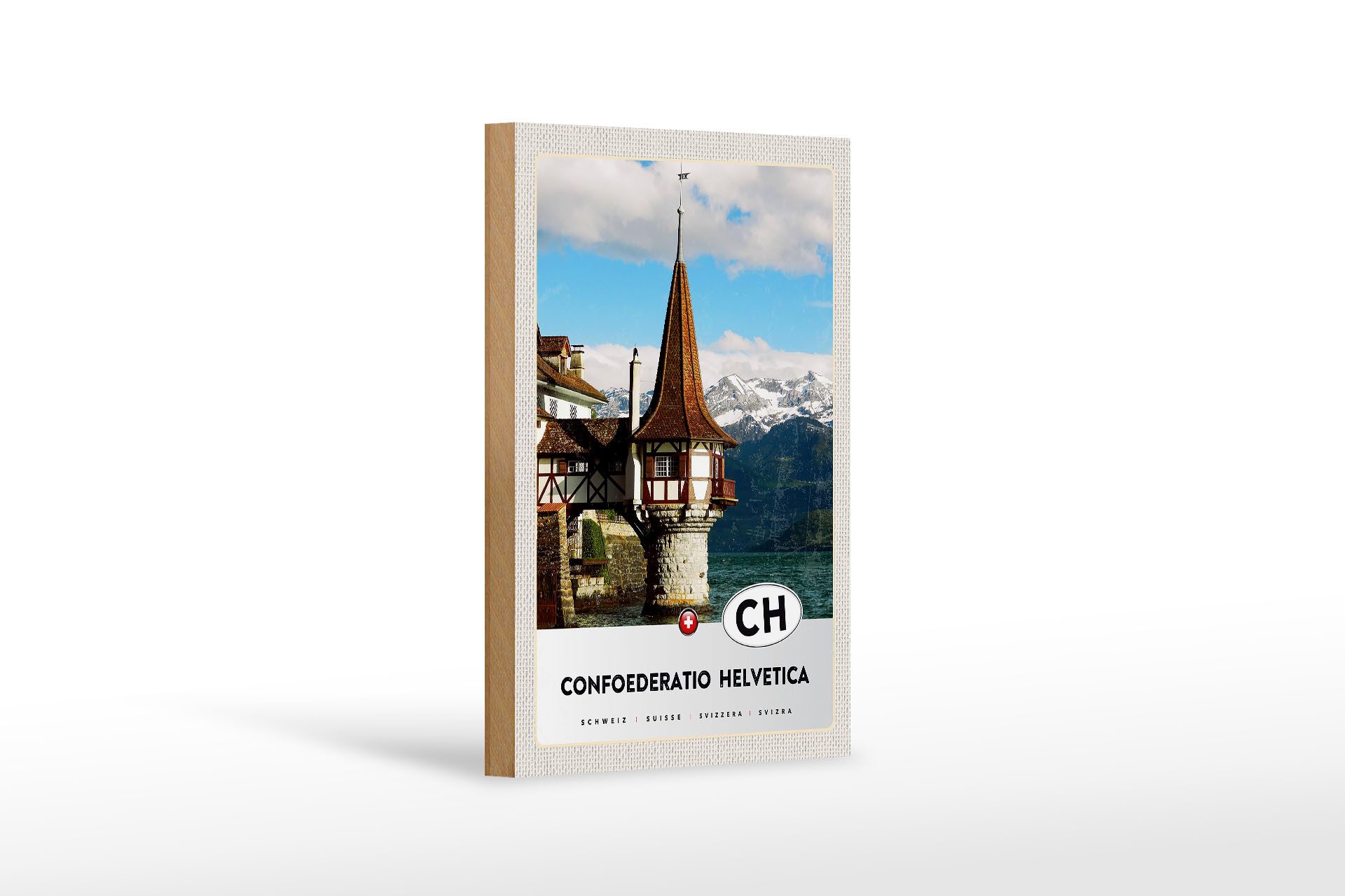 Holzbild Reise 12x18cm Confoederatio Helvetica Wasserturm Schild