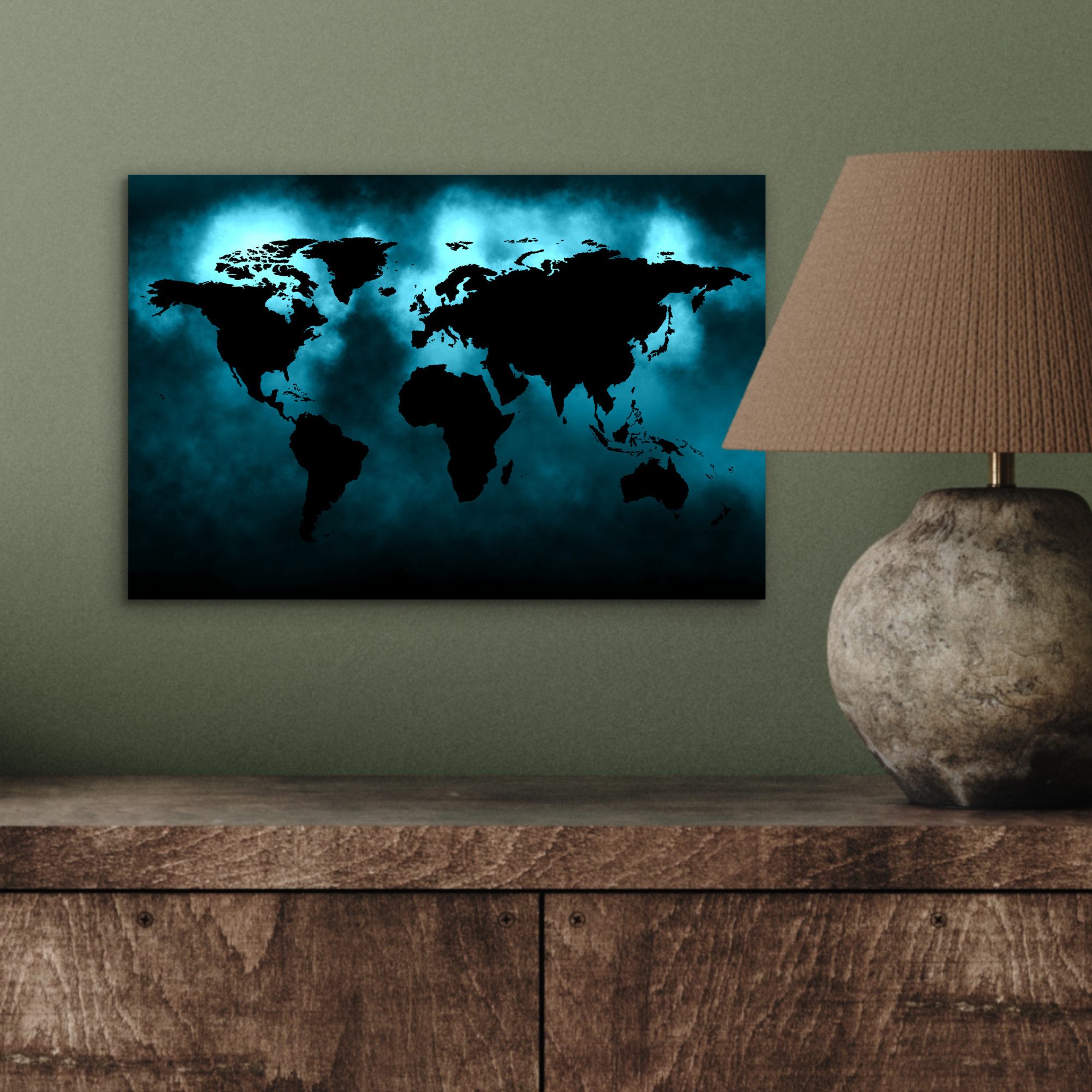 MuchoWow Metallbild Weltkarte - Schwarz - Blau, Inkl. Aufhängung, Wohnzimmer Dekoration aus Alu, Industrial, Metallbilder, 30x20 cm – Bild 4 von 5