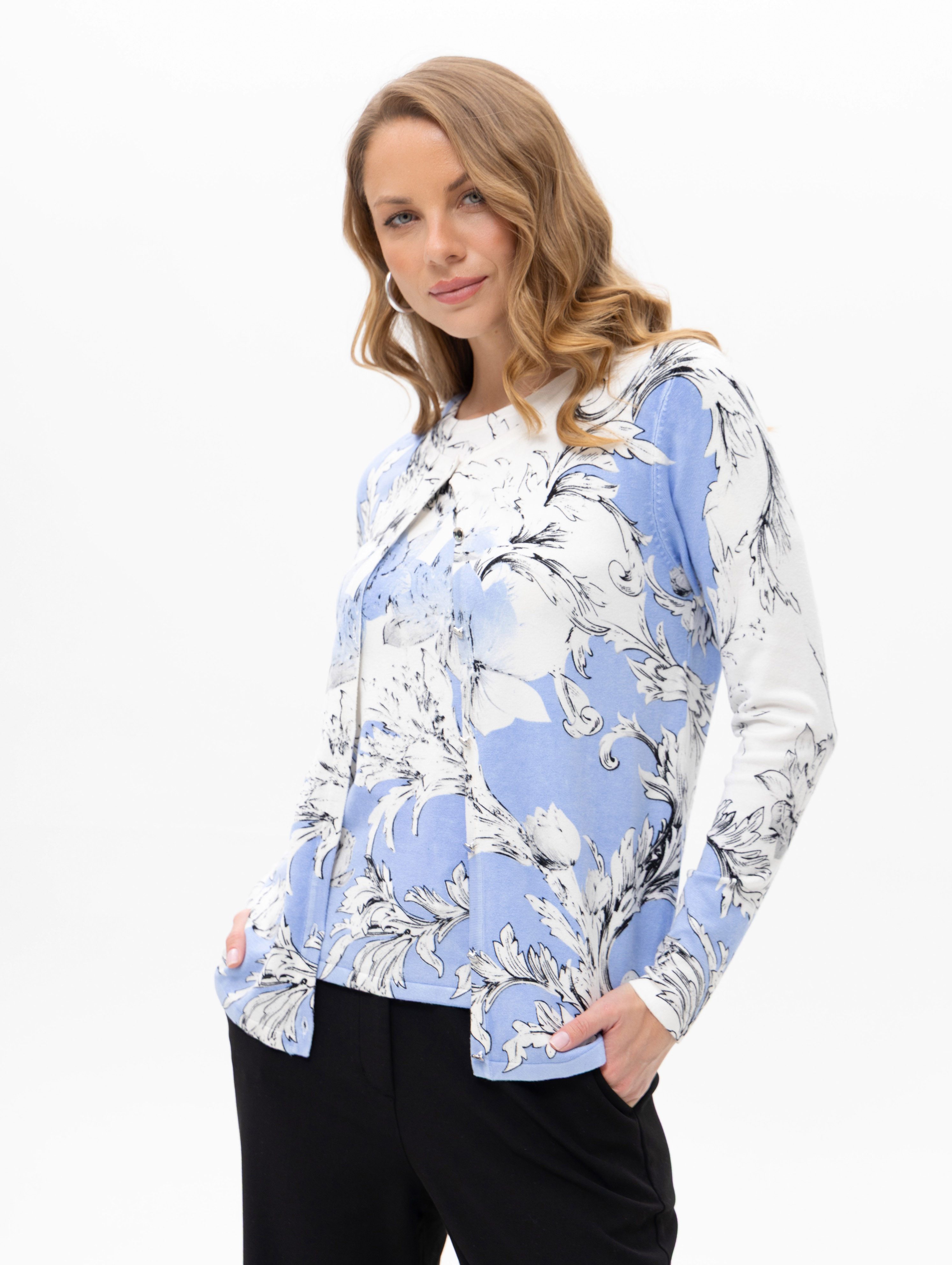 Passioni 2-in-1-Strickjacke Twinset mit floralem Muster Blau-Weißes Florales Muster