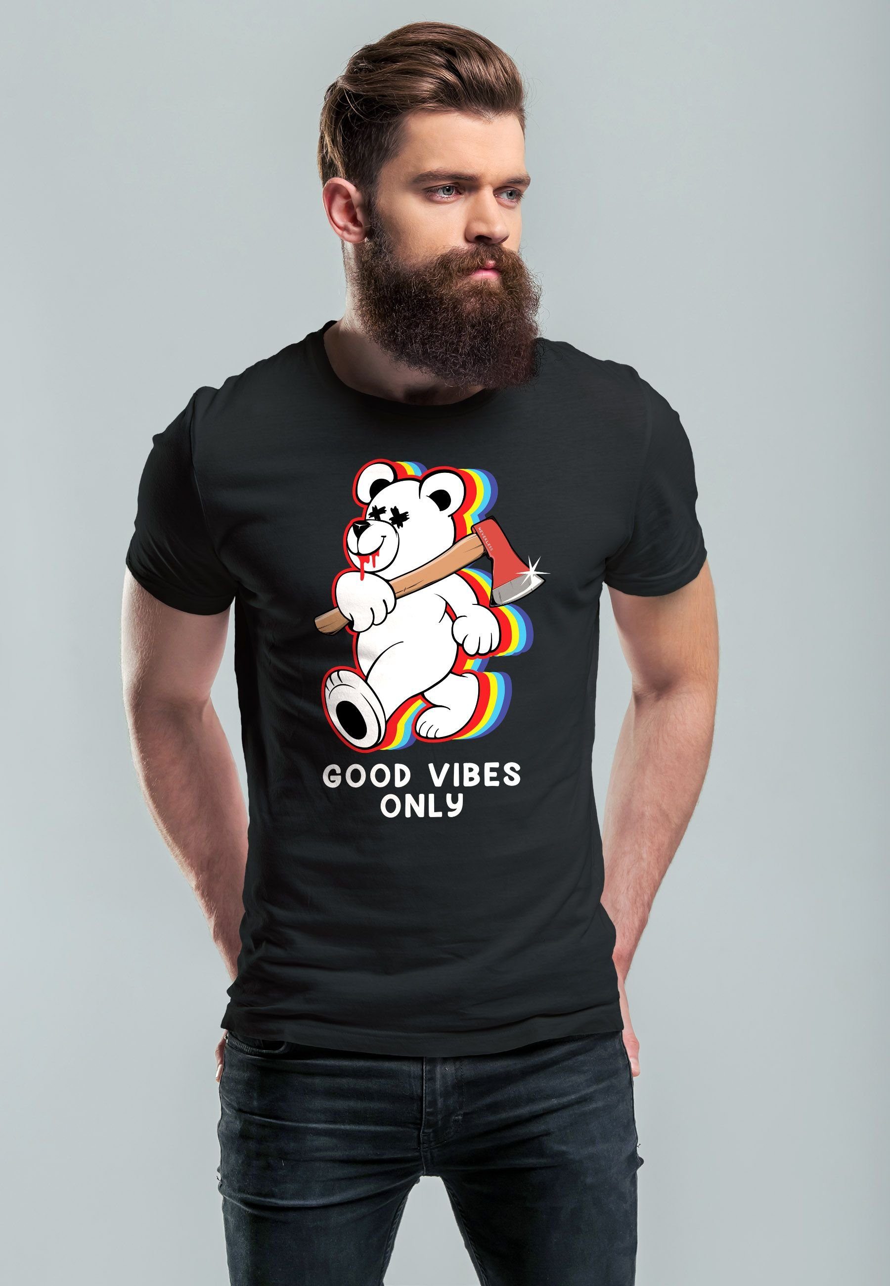 schwarz Herren T-Shirt Vibes Neverless Print-Shirt Print mit Teddy Axt Teachwear Sarkasmus Bär Good Only Fashi