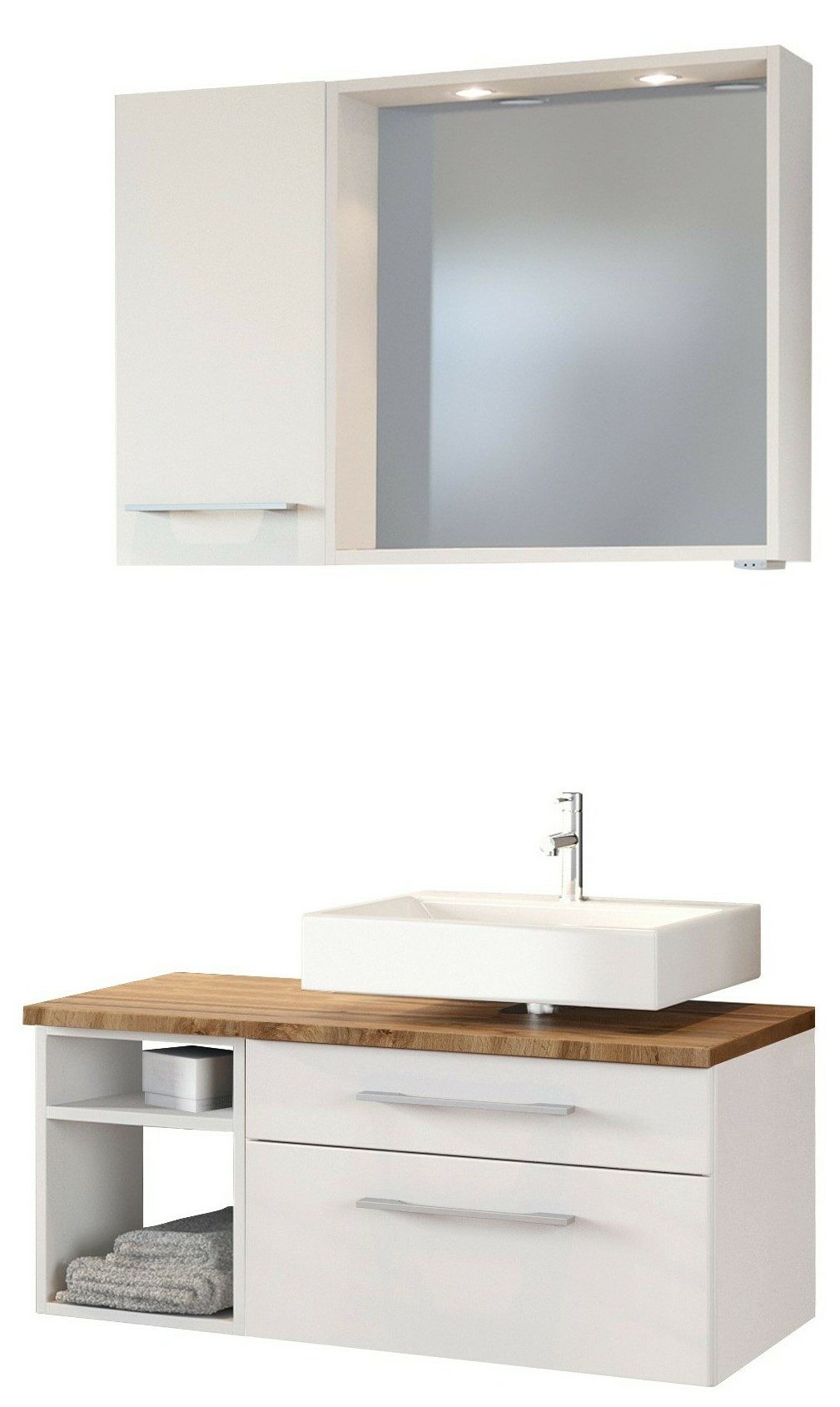 Basera® Badmöbel-Set Basera® Avola 90 cm breit, weiß, inkl. LED-Spiegelpaneel, Hängeschrank und Unterbeckenschran...