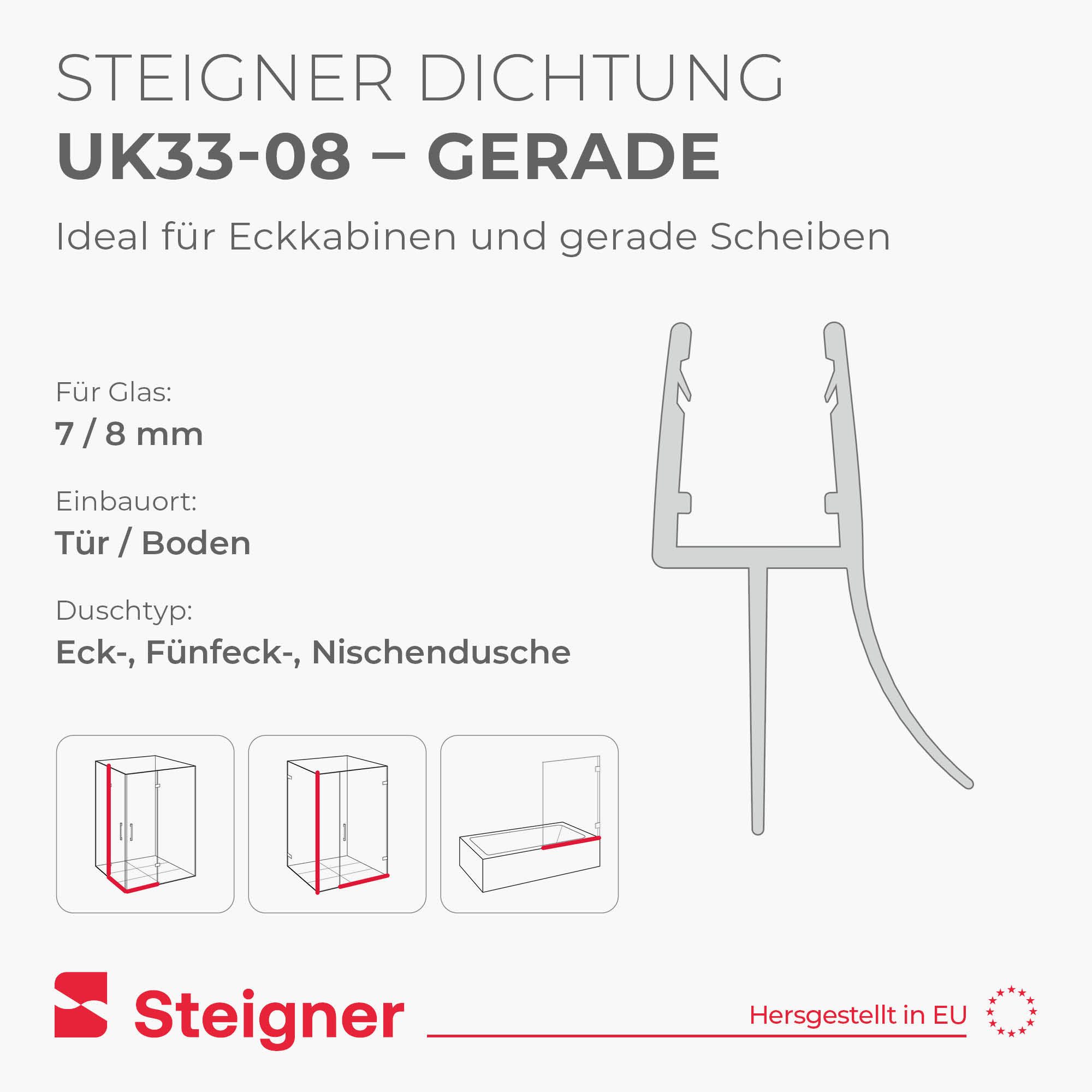 STEIGNER Duschdichtung Duschdichtung Gerade UK33-08 30 cm (1 Stk) Transparent 7-8 mm, L: 30 cm, (1 Stück Packung, Einzeldichtung), Dichtung für Eckeinstieg Dusc – Bild 2 von 5