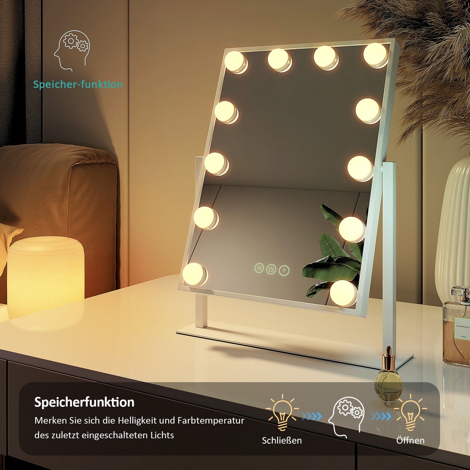 Spiegel 3 mit 360° Beleuchtung, Weiß LED-Leuchtmitteln Dimmbaren EMKE Schminkspiegel 7x Kosmetikspiegel Hollywood Lichtfarben Drehbar Vergrößerung