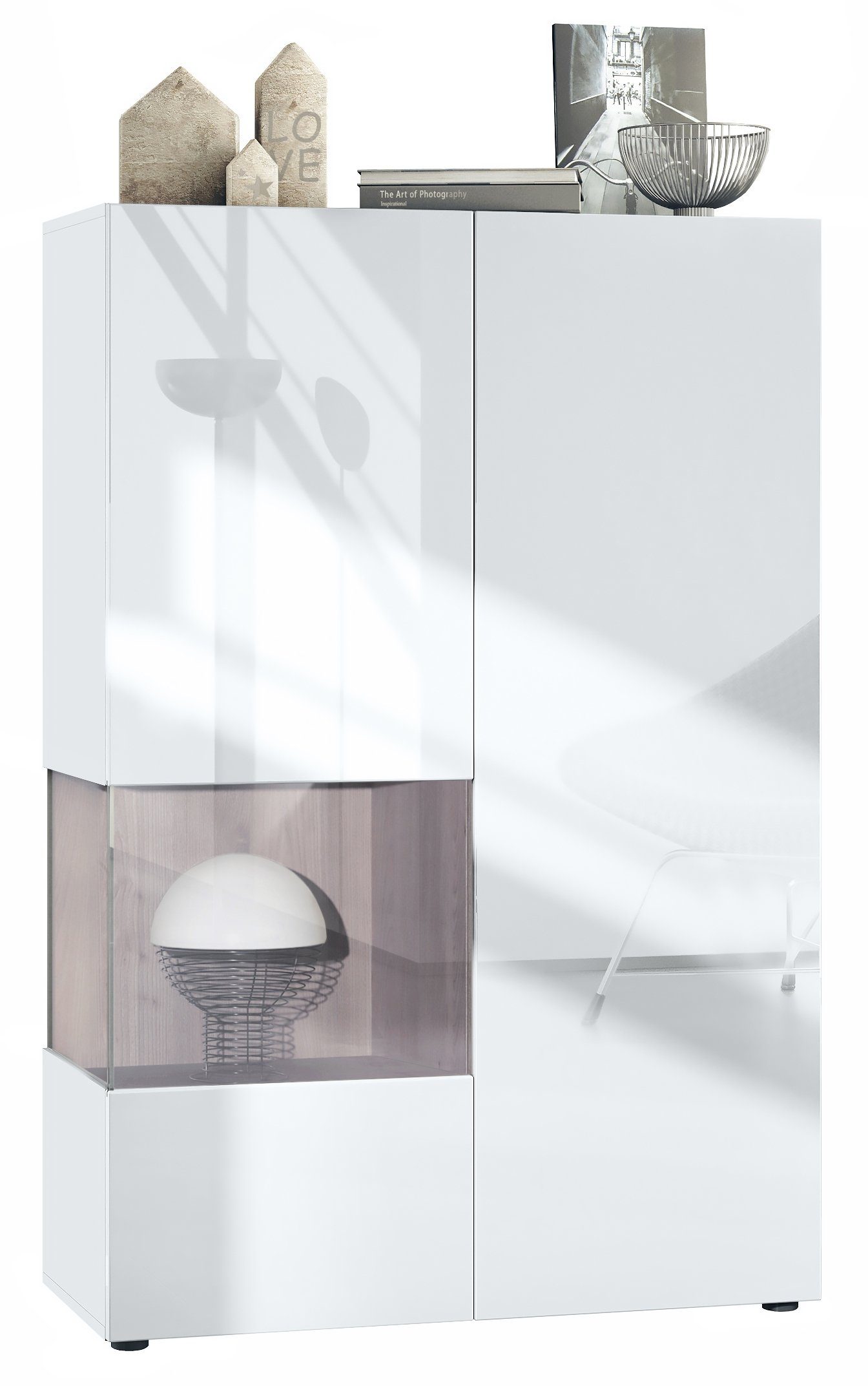 Vladon Standvitrine Morena V2 (Standvitrine, mit 2 Türen und Glaseinsatz) Weiß matt/Weiß Hochglanz/Eiche Nordic (91,5 x 136,5 x 37 cm)