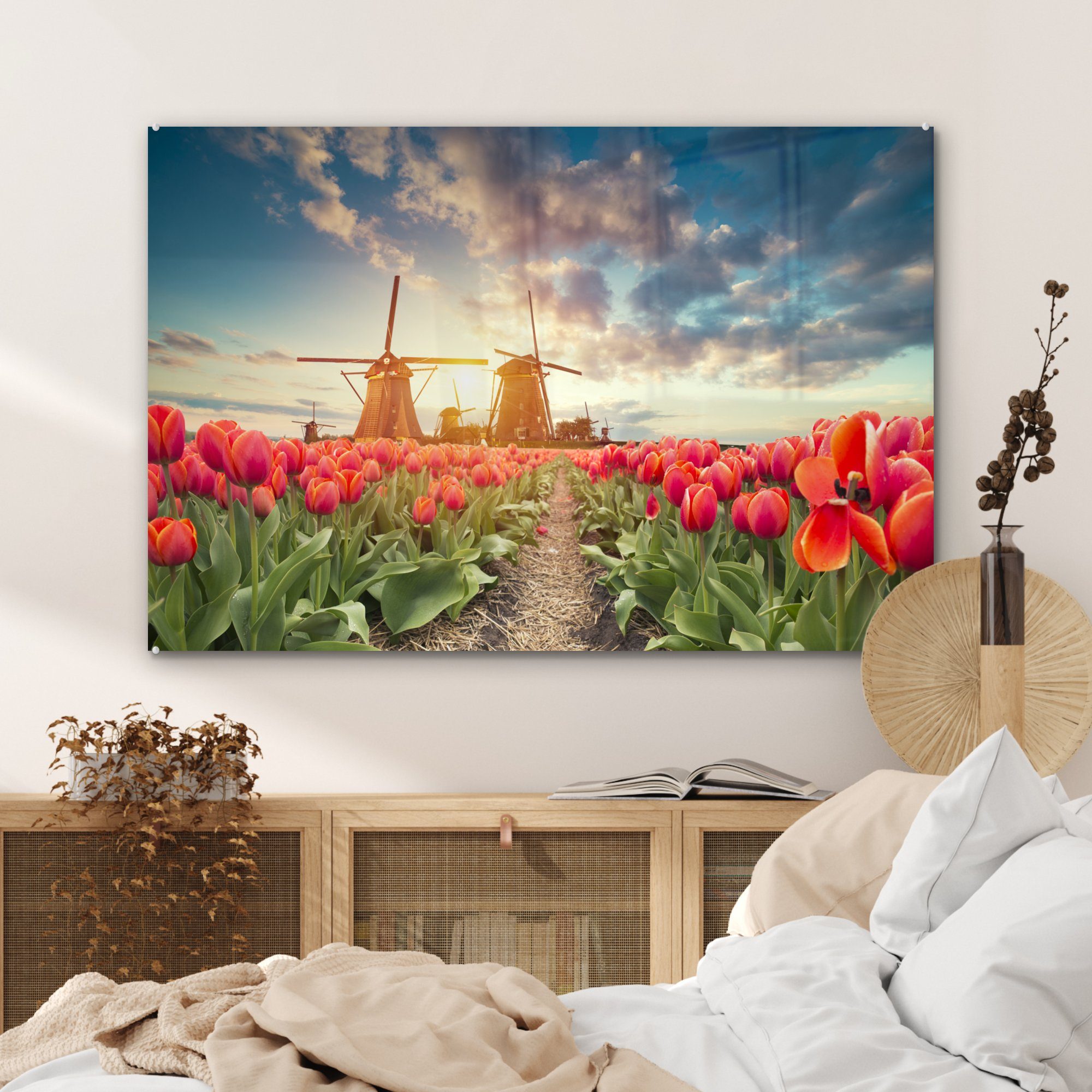 Wohnzimmer MuchoWow Windmühle Acrylglasbild Sonne, Blumen (1 - St), - Acrylglasbilder Schlafzimmer &