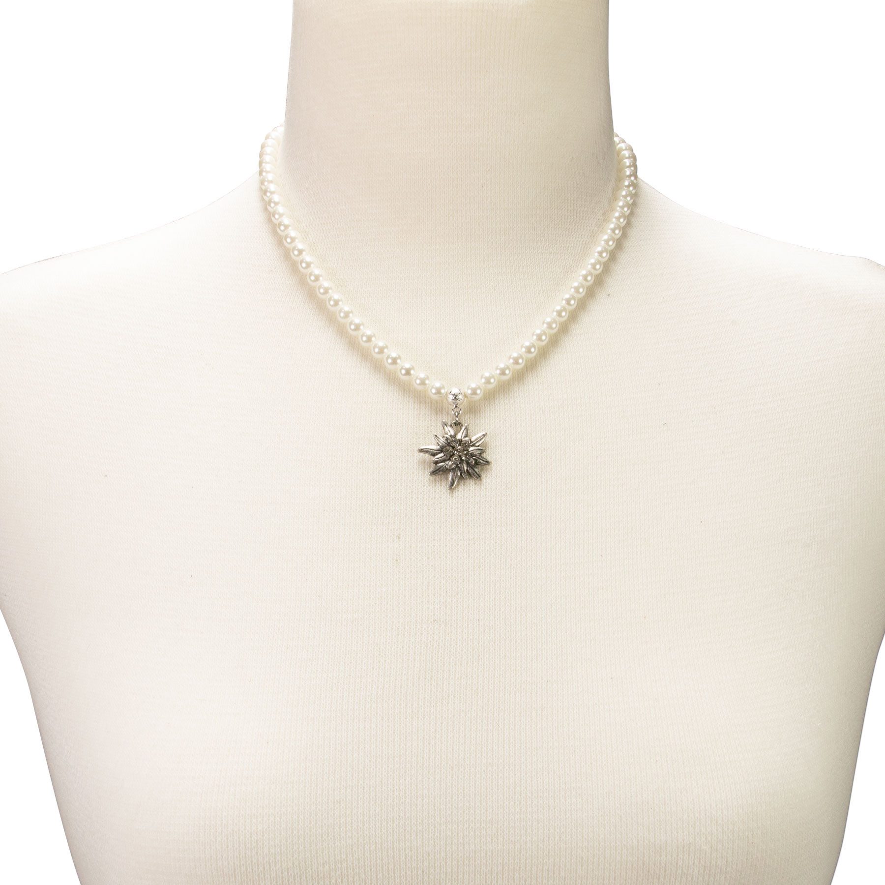 Alpenflüstern Collier Perlen-Trachtenkette Strass-Edelweiß klein (creme-weiß), - Damen-Trachtenschmuck Dirndlkette – Bild 4 von 4