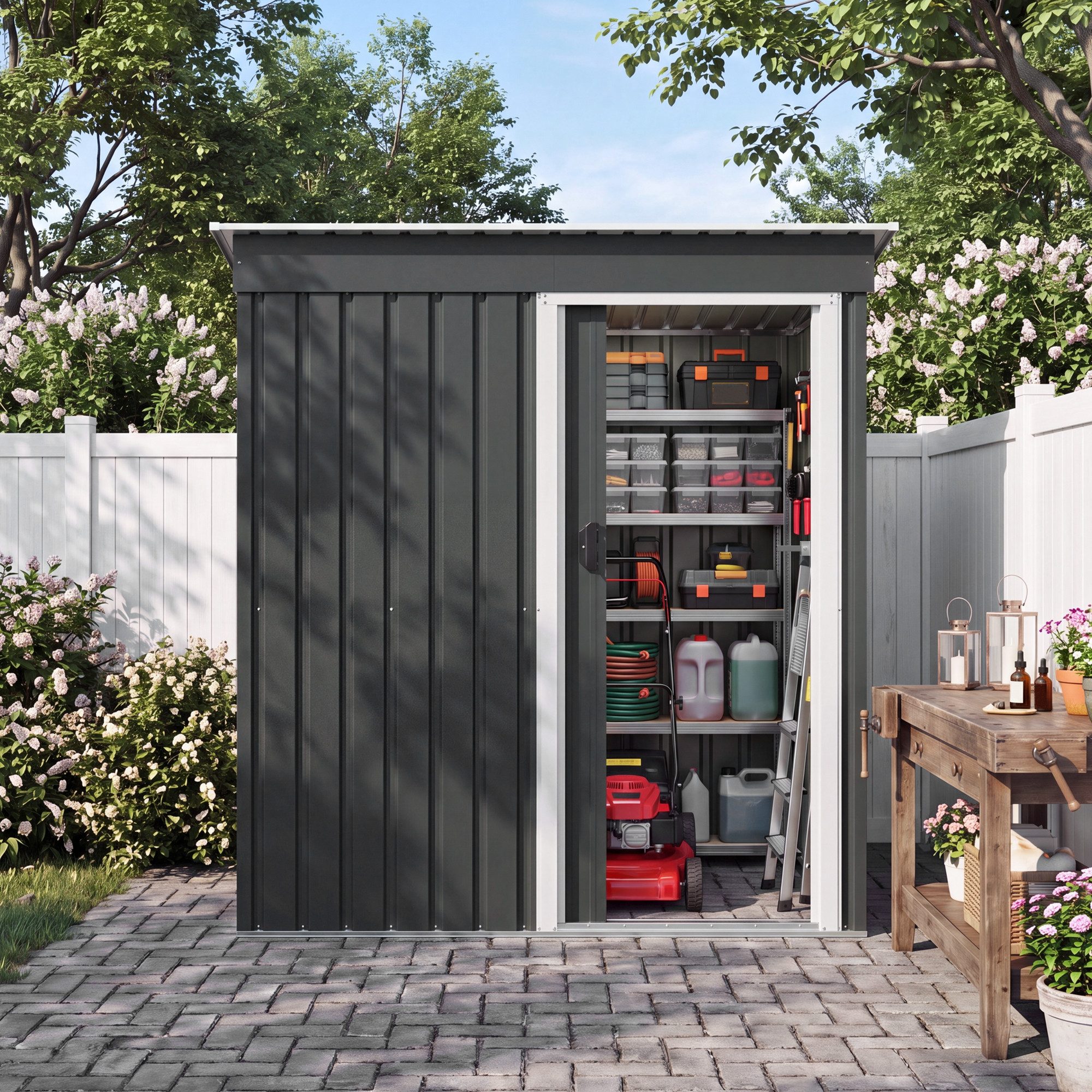 GUNJI Gerätehaus Metall Geräteschuppen Inkl. Stahlfundament, Gartenhaus mit Pultdach, M: 1,8m x 1,1m, L: 2.3m x 2m, XL: 2.4m x 3m, Doppelschiebetür