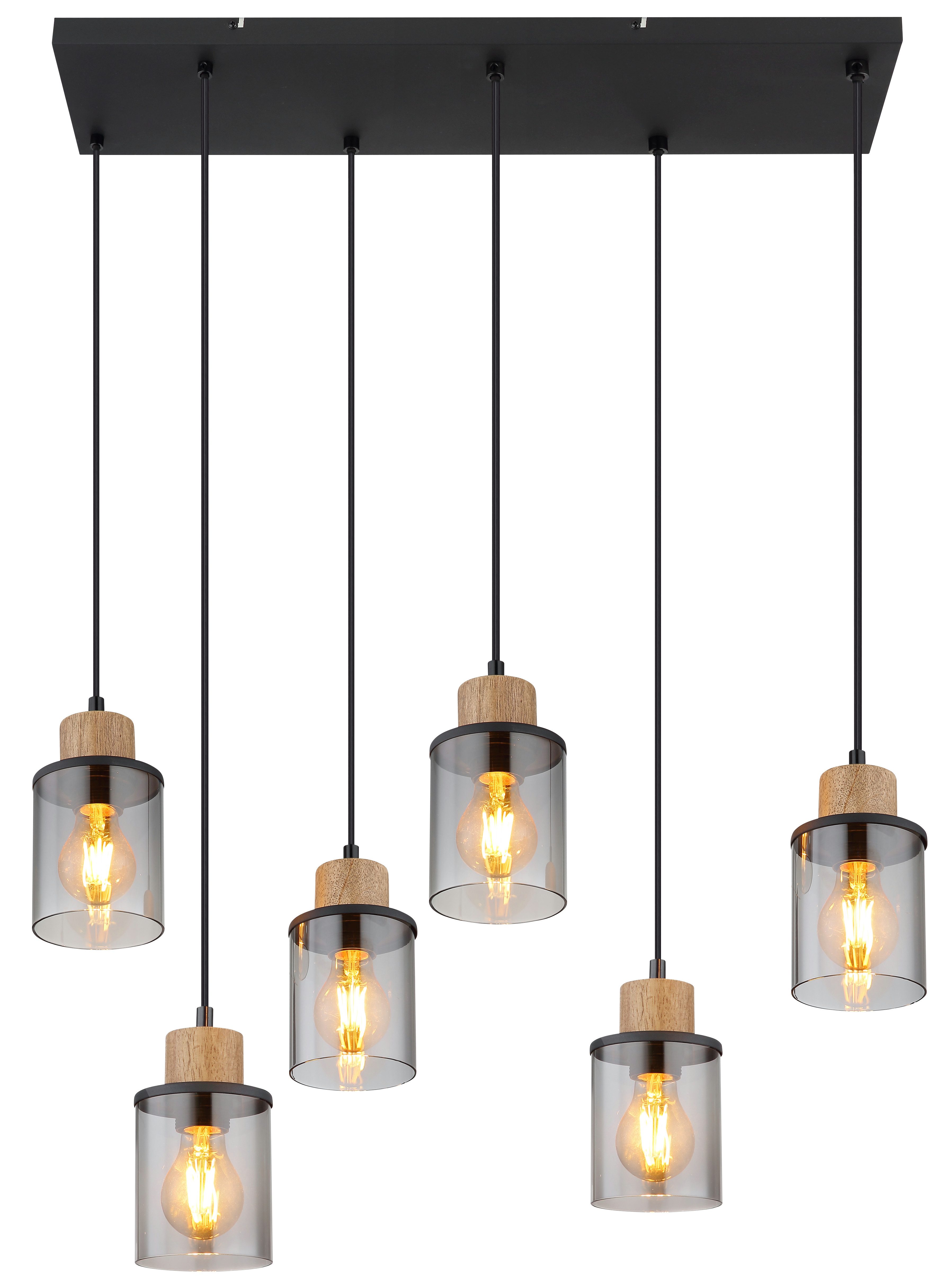 GLOBO LIGHTING Hängeleuchte REID, ohne Leuchtmittel, Wohnzimmerleuchte schwarz/Holz, Rauchglas, höhenkürzbar