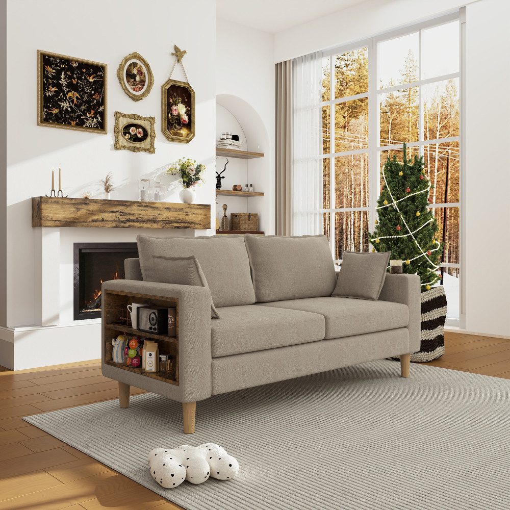 BBWL Sofa mit Getränkehaltern Staufächern Seitentaschen 2 Kissen, Zweisitzer Sofa Chenille nordisch, komfortables Lesesofa für Wohnzimmer