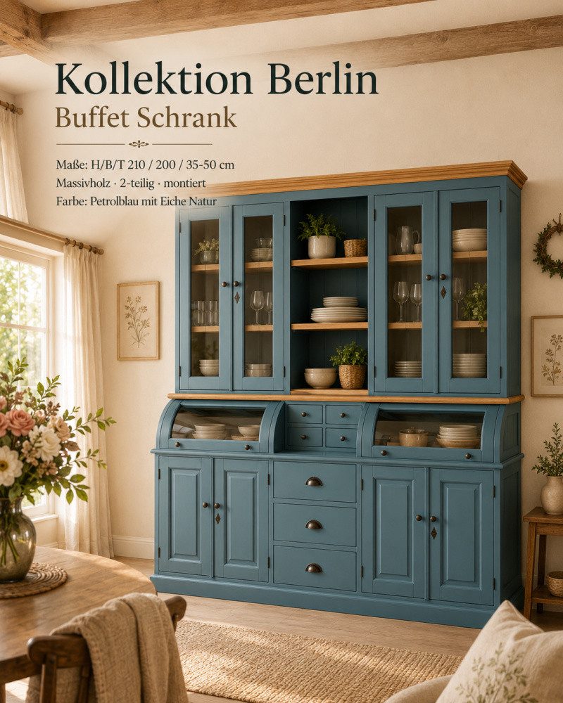 Wohnpalast Buffet Landhaus Buffet Schrank Berlin 200 cm Wasserblau mit Eiche- Landhaus M