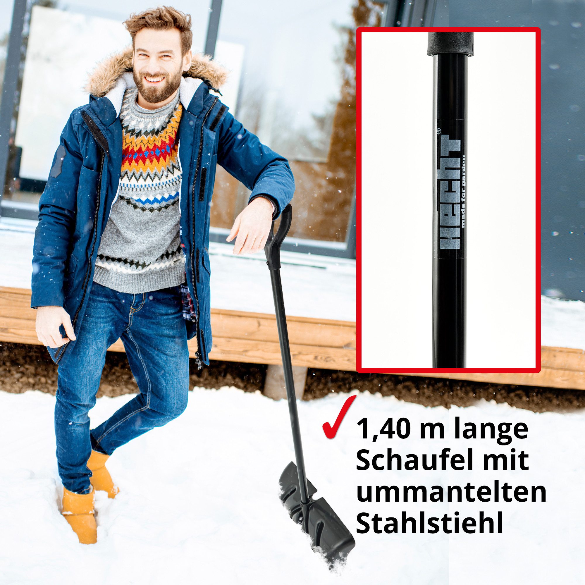 Hecht Schneeschieber Schneeschaufel mit Stiel 50 cm Arbeitsbreite Metallkante, 50,00 cm Arbeitsbreite, mit 140,00 cm langem Stiel, (2-tlg), Kunststoffschild - 140 cm - Ergonomisch - Schneeschippe