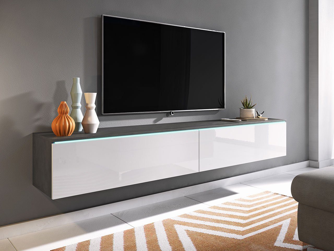 Mirjan24 TV-Schrank D180 Stilvoll TV-Tisch, 2 Türen, Modern Wohnzimmer Matera / Weiß Hochglanz