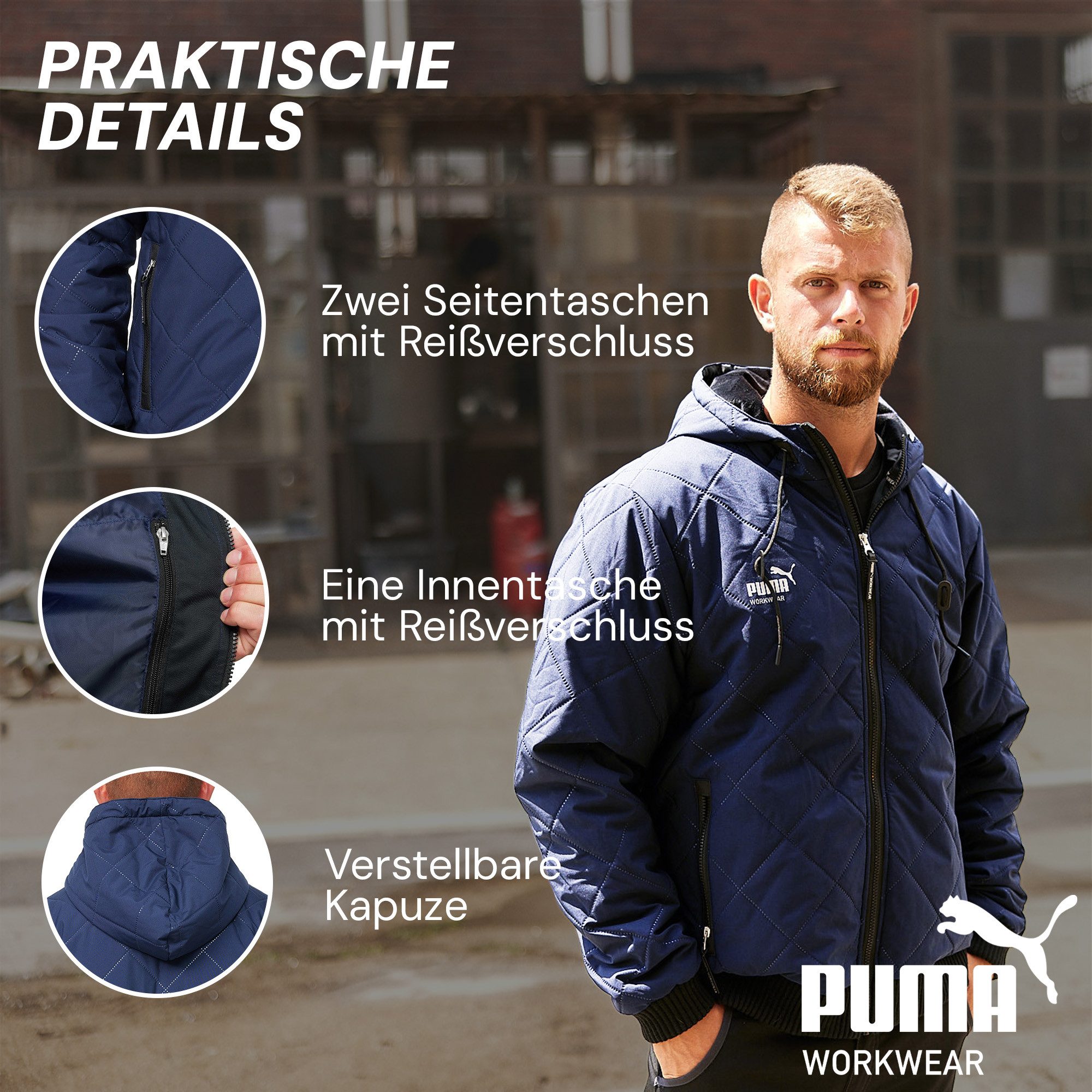 PUMA Workwear Winterjacke Herren mit Kapuze und Steppmuster - Warm gefüttert - Mit Kordelzug Robuste Arbeitsjacke für Handwerk Produktion Logistik und Baugewerbe