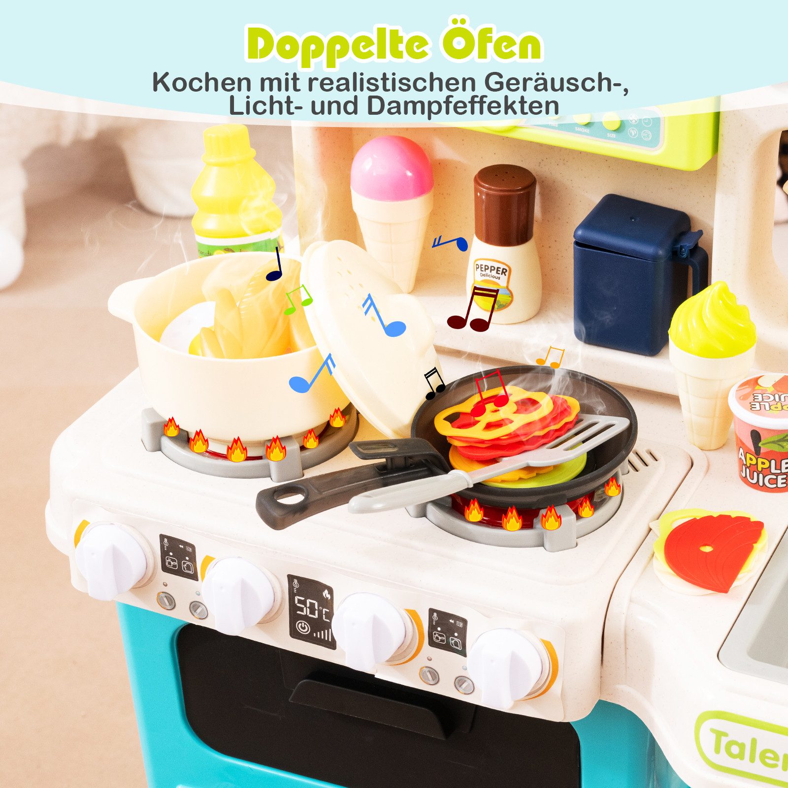 COSTWAY Spielküche PP, mit 54 Zubehör, Spielküche mit Licht, Sound & Dampf