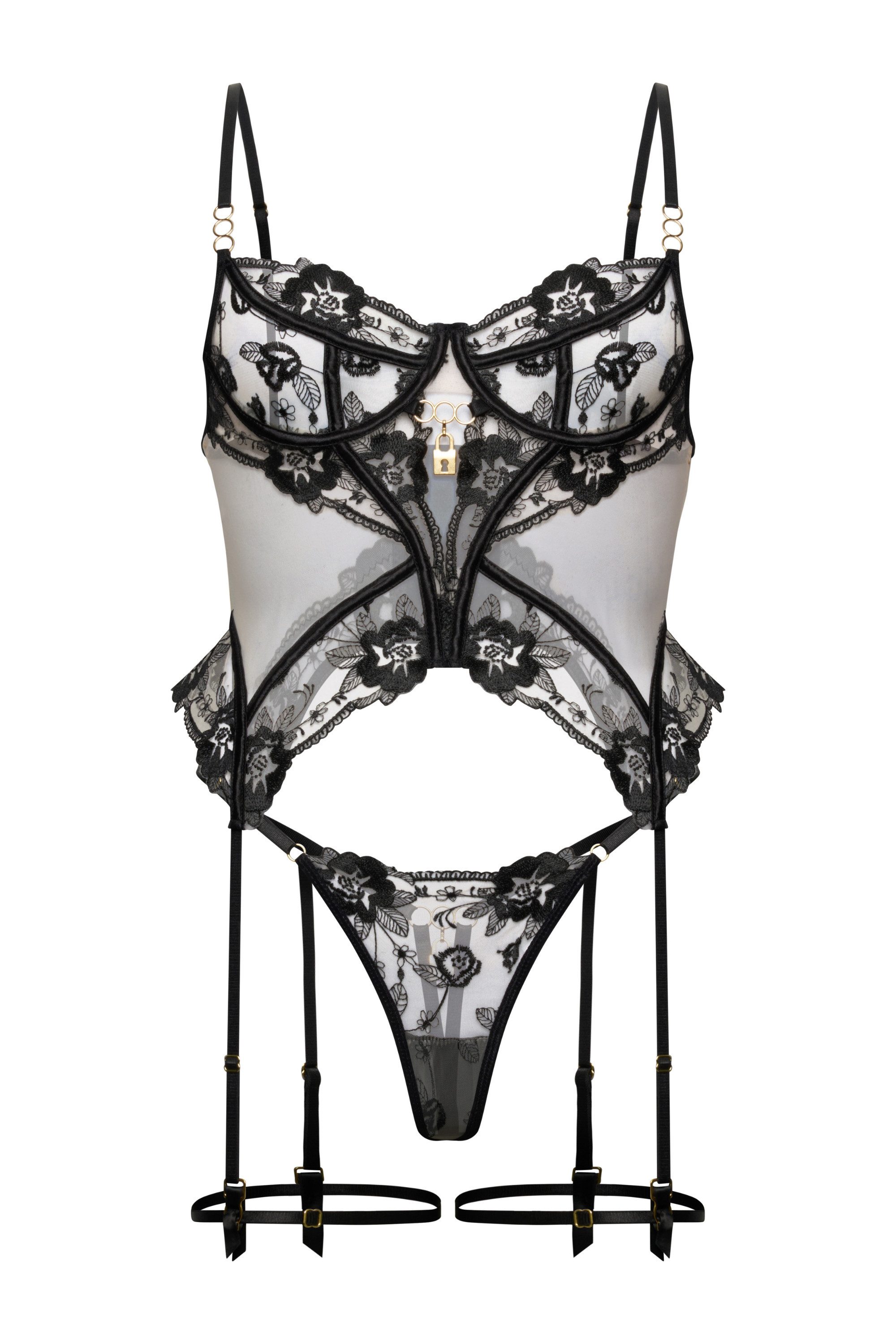Elegant Love Set: Corsage Sexy Reizwäsche - Dessous-Set mit zarter Spitze (Set, 3-tlg., Tanga + Beinriemen) Lingerie-Set mit Bügelcups