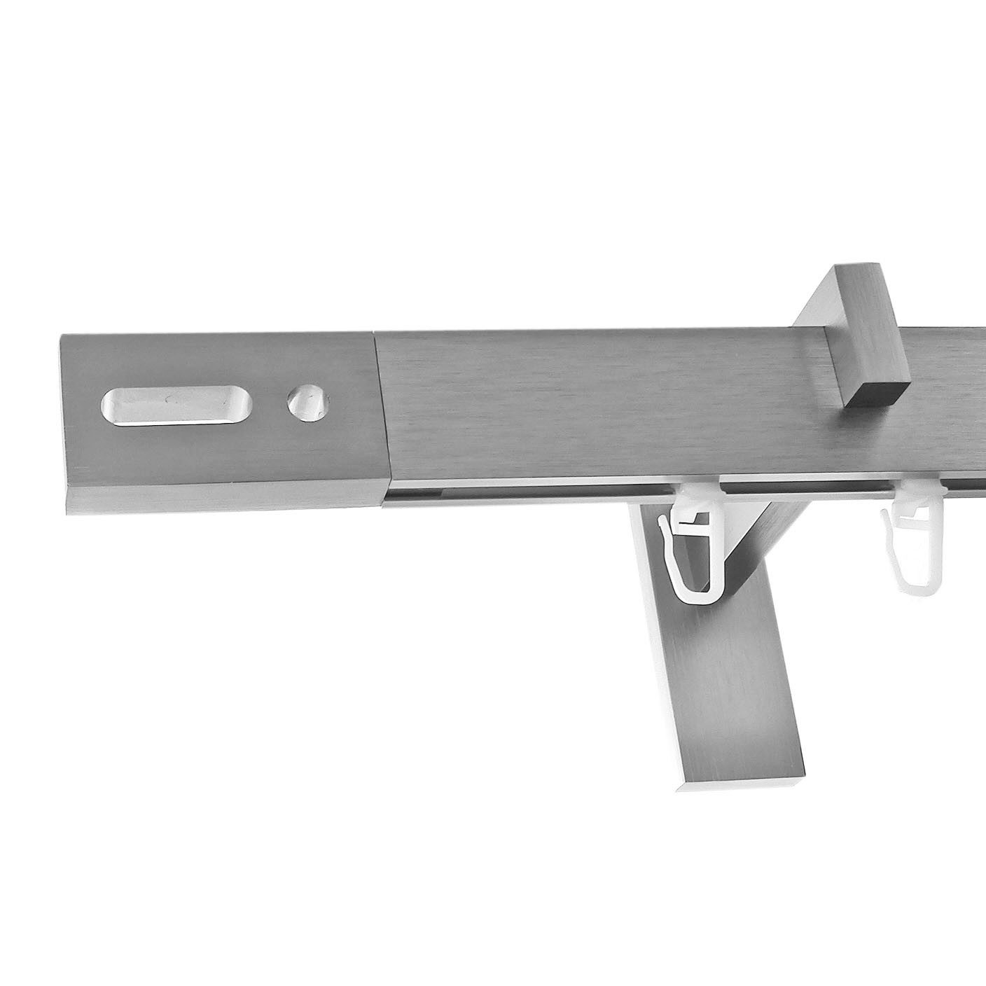 BASIT Gardinenstange eckig Innenlauf Edelstahloptik 30x14 mm mit Wandträgern 240 cm E92, Ø 30 mm, 1-läufig, verschraubt, Aluminium, H91 240 cm E92 Streifen mit Loch