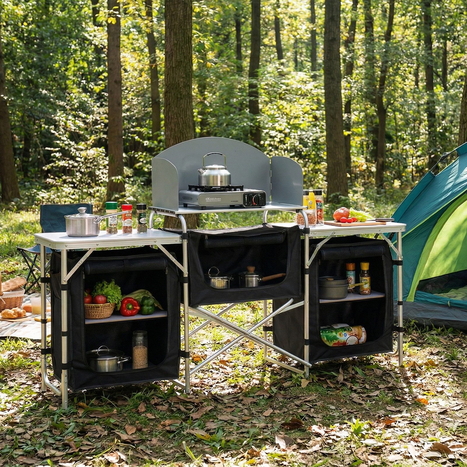 Sekey Campingtisch Klappbar Campingschrank XXL Faltbar Campingküche mit Aluminiumgestell, inkl. Windschutz und Tragetasche, mit Arbeitsplatte und 5 Staufächern