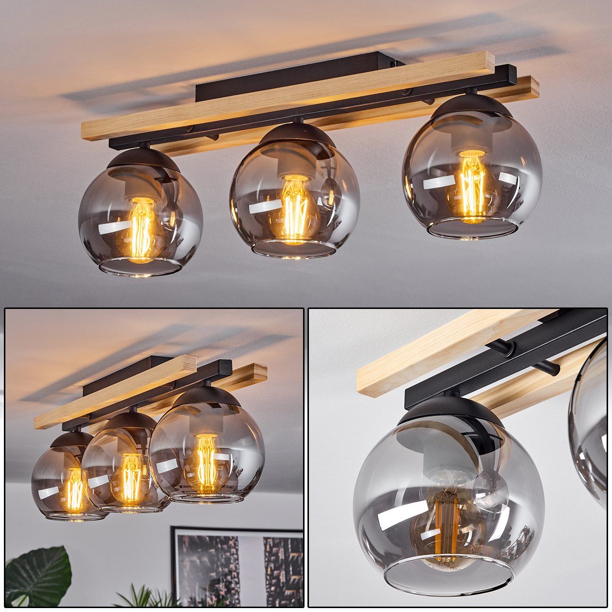hofstein Deckenleuchte »Limite« Deckenlampe aus Metall/Holz/Glas in Schwarz günstig online kaufen