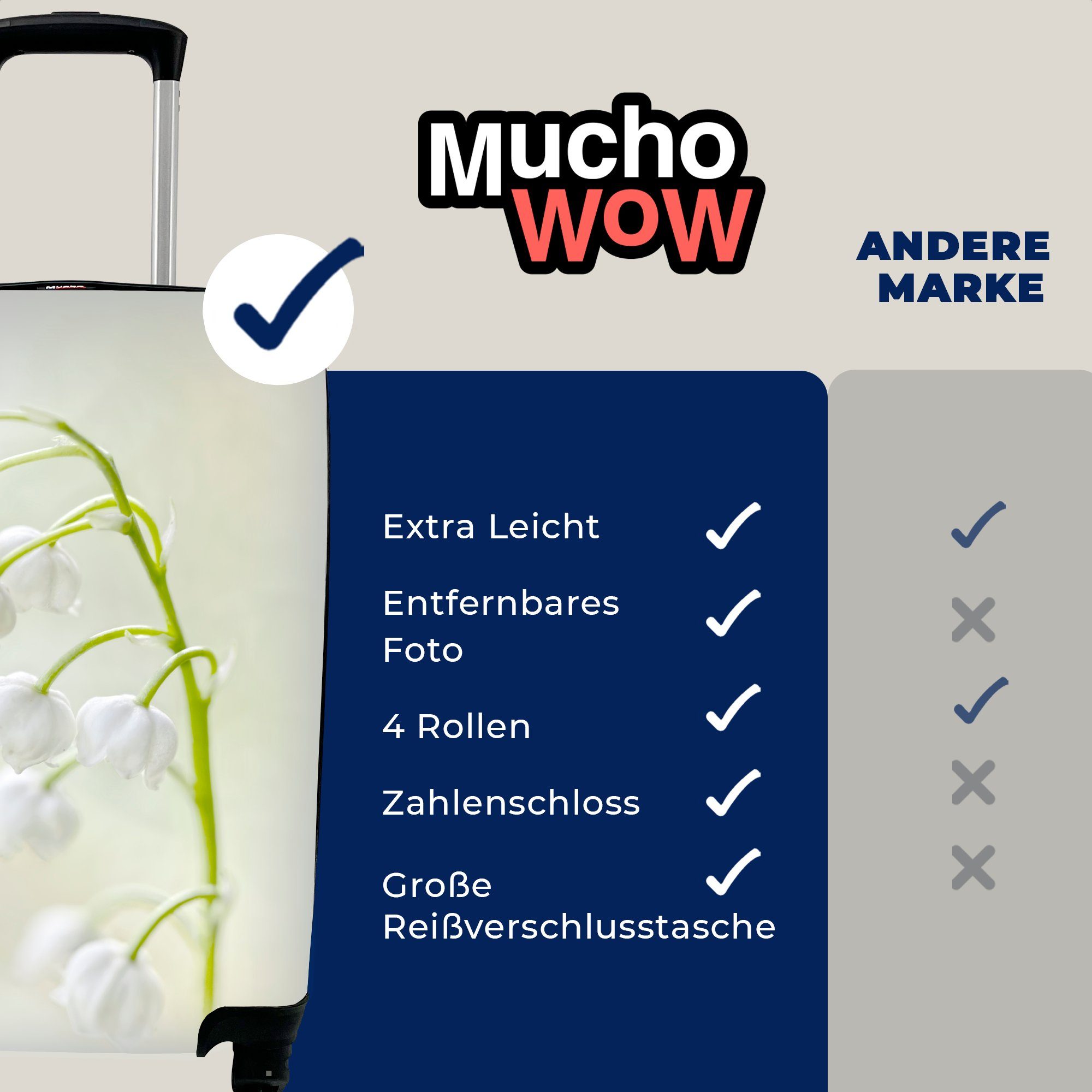 MuchoWow Handgepäckkoffer Schneeweißes Reisetasche 4 Reisekoffer Ferien, Trolley, für mit Maiglöckchen, Rollen, rollen, Handgepäck