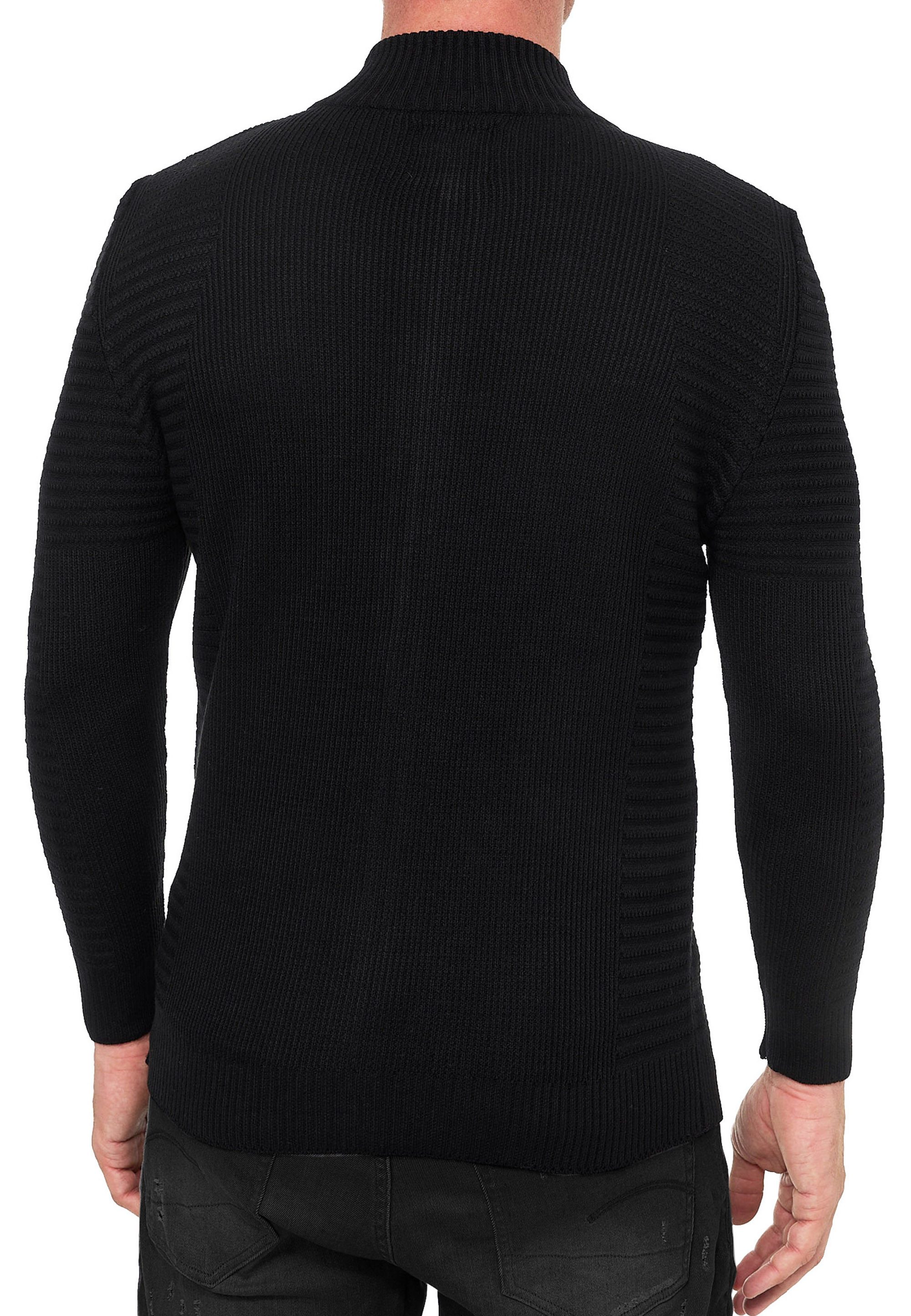R-NEAL Stehkragenpullover Strickjacke Streetwear Slim Fit Feinstrick Biker Strick Jacke Zipper
