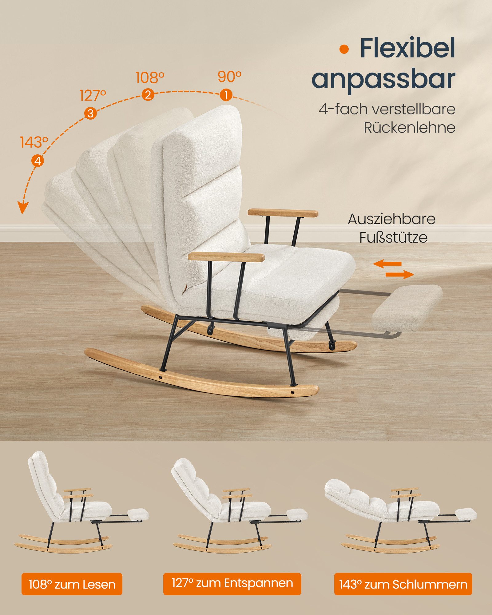 SONGMICS Schaukelsessel Schaukelstuhl mit Holzgestell, verstellbar, Schaukelstuhl, mit Massivholzfüßen, Schaukelsessel, für Schlafzimmer – Bild 3 von 5
