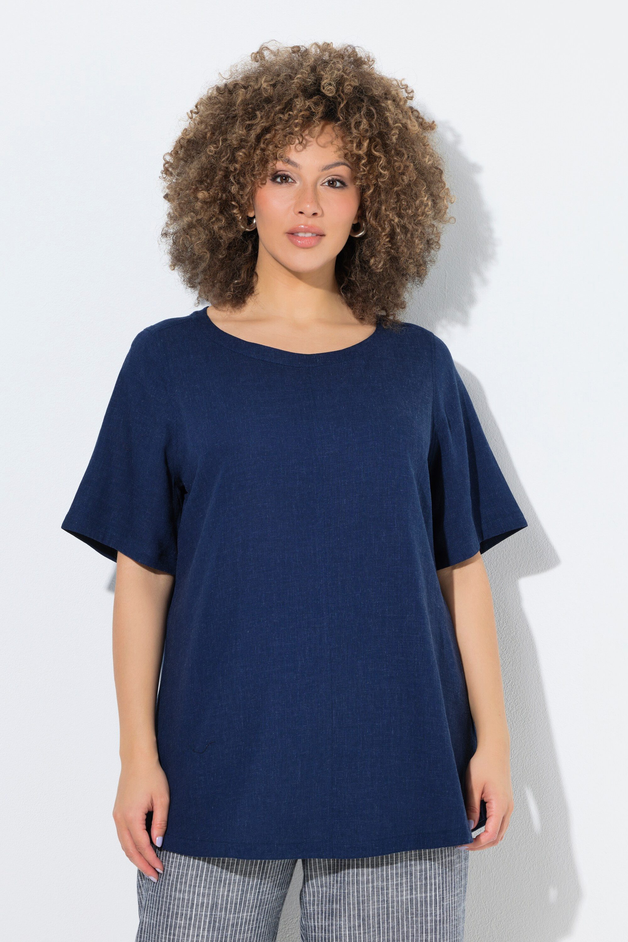 Longbluse Bluse Leinenmix A-Linie Rundhals Halbarm