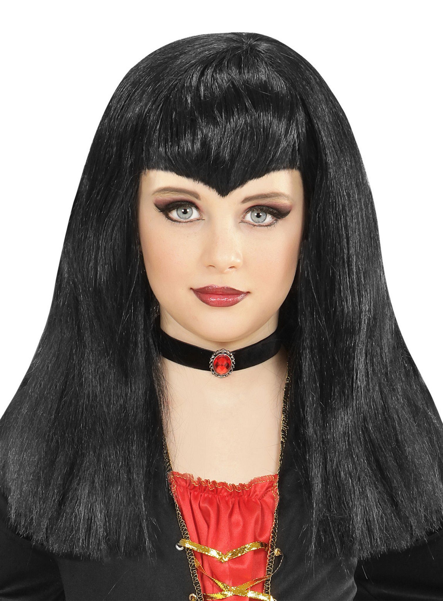 Widdmann Kostüm-Perücke Vampirin Kinderperücke, Schwarze Langhaarperücke für Mädchen
