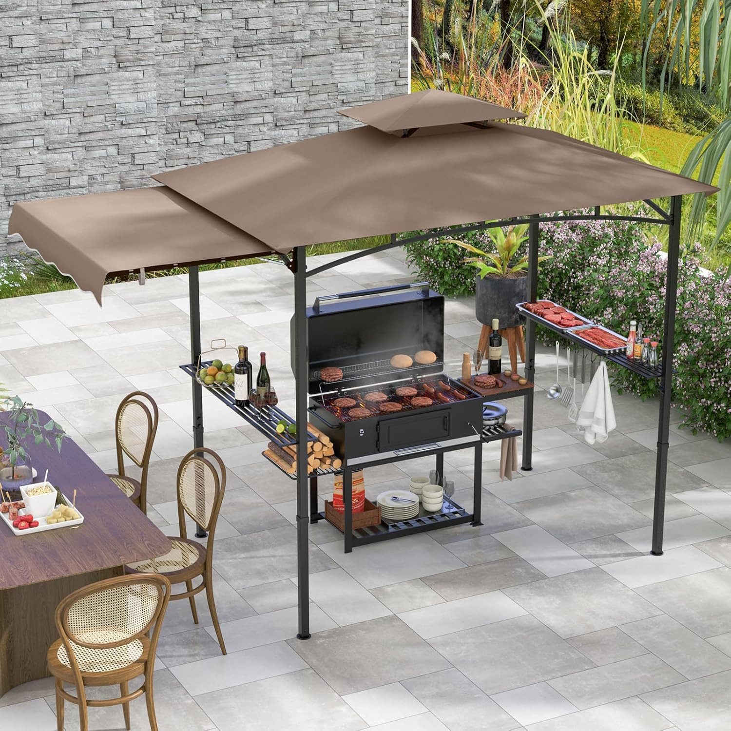 KOMFOTTEU Grillpavillon, mit Doppeldach & Seitenmarkise günstig online kaufen