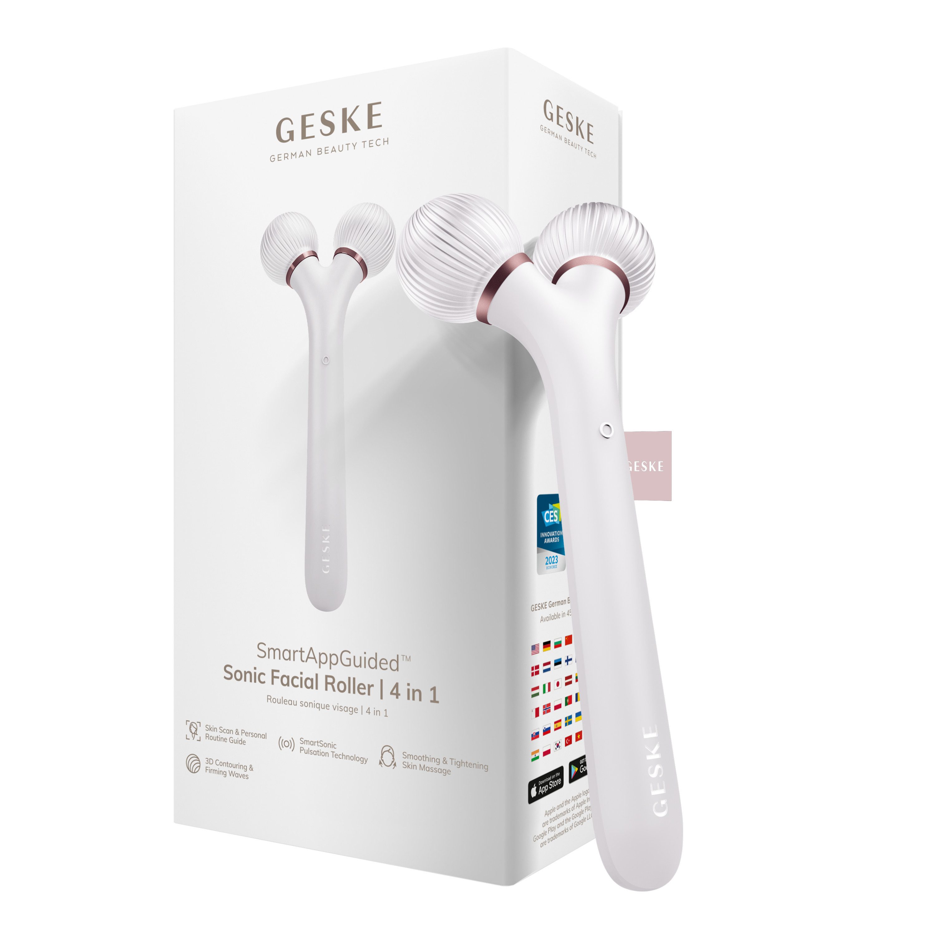 GESKE German Beauty Tech Dermaroller SmartAppGuided™ Sonic Facial Roller 4 in 1, Packung (Gerät & USB-Ladekabel), 2-tlg., Gerät inkl. kostenloser APP (SmartAppGuided Device), Mit der GESKE App erhältst Du deine personalisierte Hautpflegeroutine.
