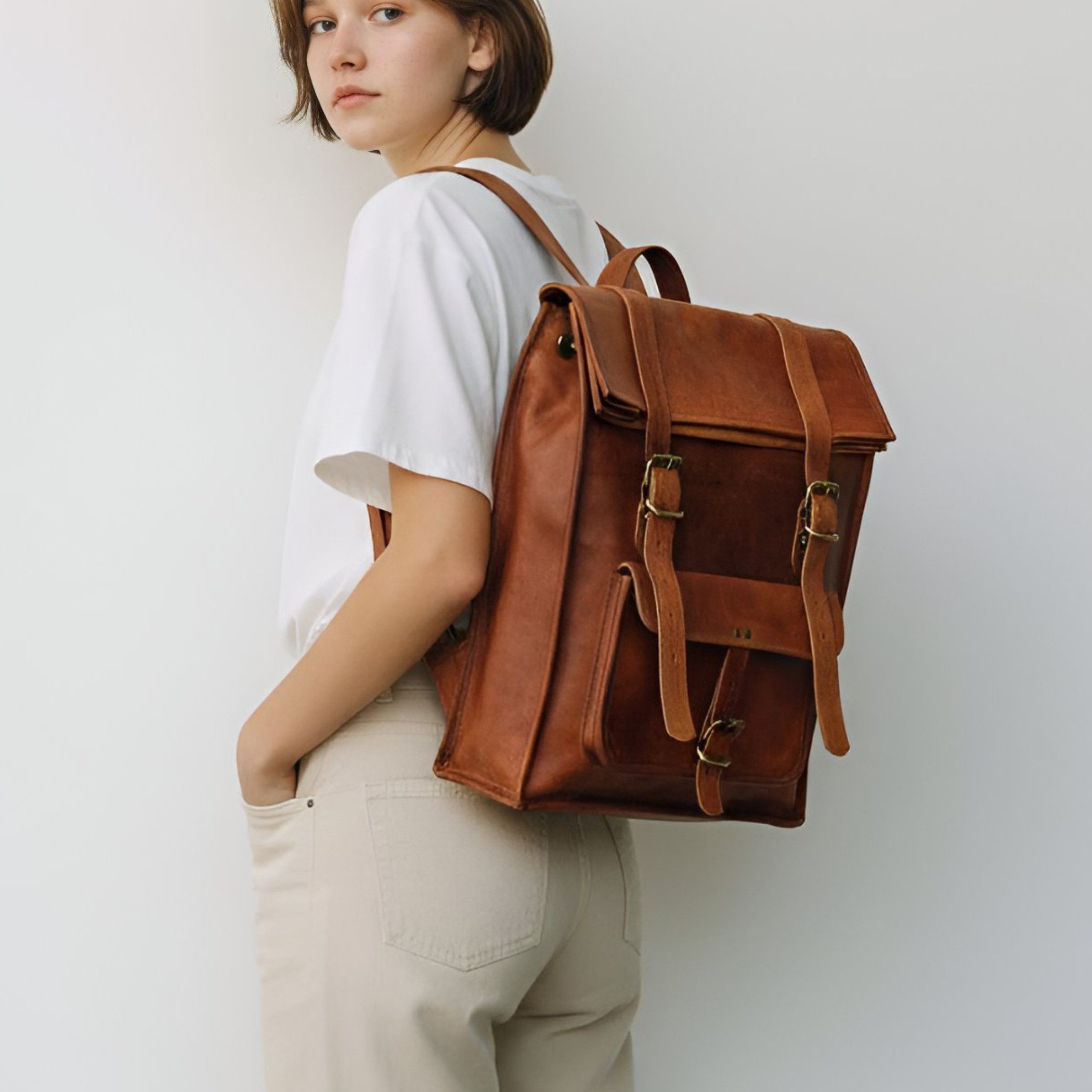 Ella Eisvogel Freizeitrucksack Rolltop Rucksack Leder – Laptoprucksack aus Ziegenleder Vintage, Business Rucksack aus Echtleder mit Laptopfach, Freizeitrucksack