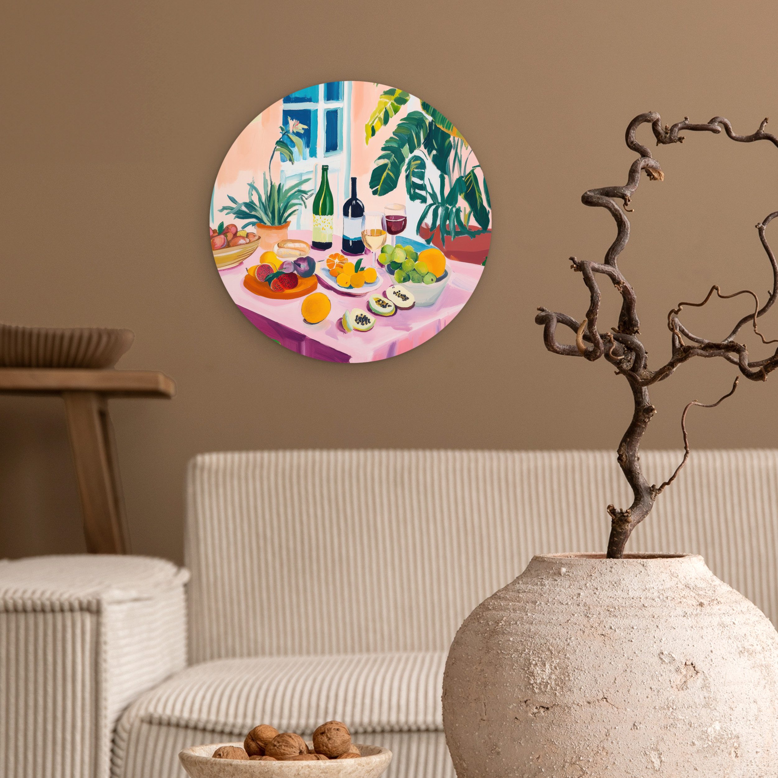 MuchoWow Gemälde Tisch - Wein - Obst, Fotodruck (1 St), Kreis Wanddekoration, Rundes Wandbild, 30x30 cm