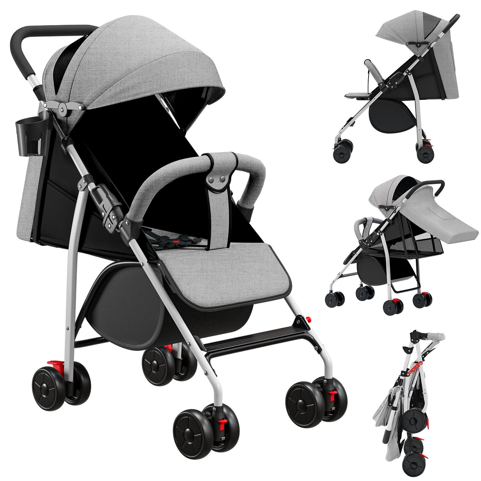 JEOBEST Kinder-Buggy Baby Kinderwagen, 0–3 Jahre, 3 Liegepositionen, flache Liegeposition, Klein Zusammenklappbar, Tasche im Verdeck, XL Korb