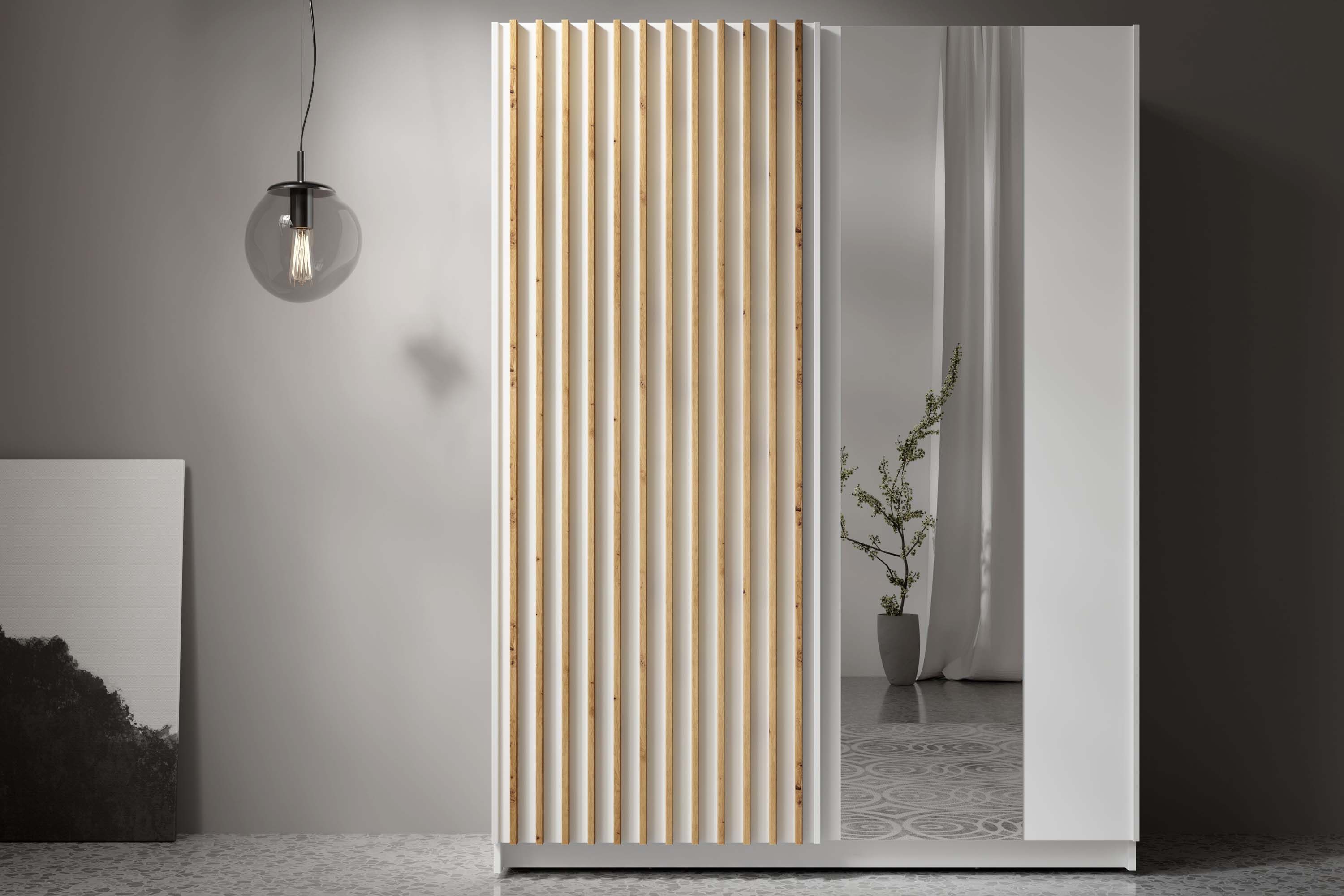 KONSIMO® Schwebetürenschrank CASTARI Kleiderschrank, mit dekorativen Lamellen, Modern (viel Stauraum, Höhe 198 cm, mit Lamellen über die ganze Türhälfte) hergestellt in der EU, handgefertigt, 2-türig, Griffleisten