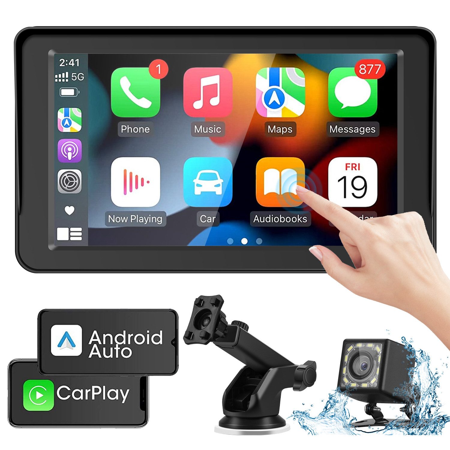 CkeyiN Pro Wireless Apple Carplay & Android Auto,7-Zoll Touch Screen Navigationsgerät (mit Mirror Link, IP68 waterproof,Unterstützt GPS von Mobiltelefonen)