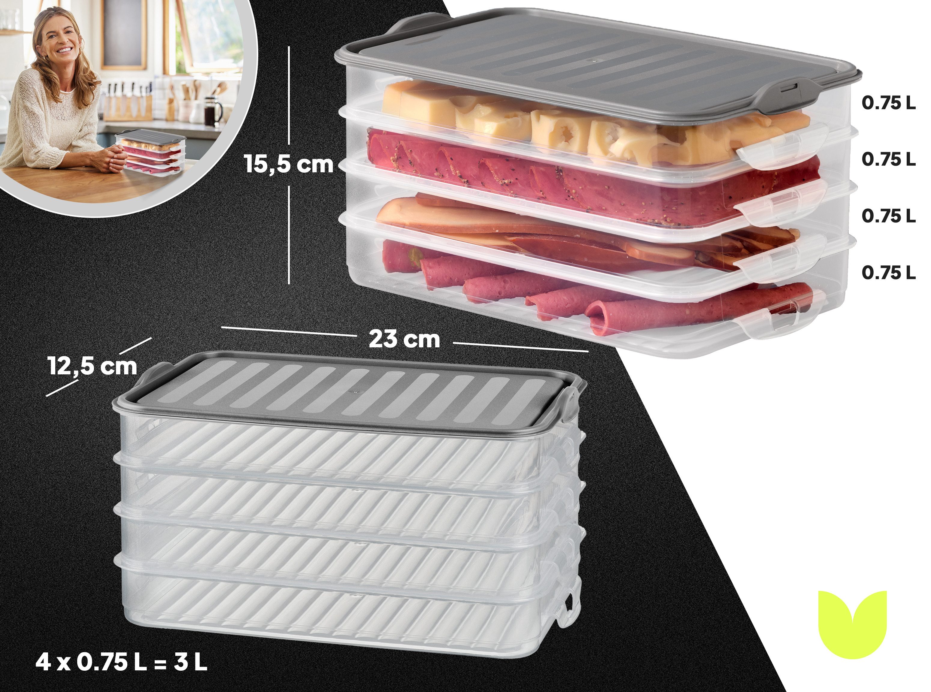 uandu home Frischhaltedose Aufschnittboxen für Kühlschrank, Wurst Aufbewahrung Kühlschrank, (Aufschnittbox Stapelbar, Kühlschrank Organizer, BPA Frei Kunststoff, Frischhaltedosen mit Deckel, Aufschnittdosen), BPA Frei, Dishwasher Safe, Reusable