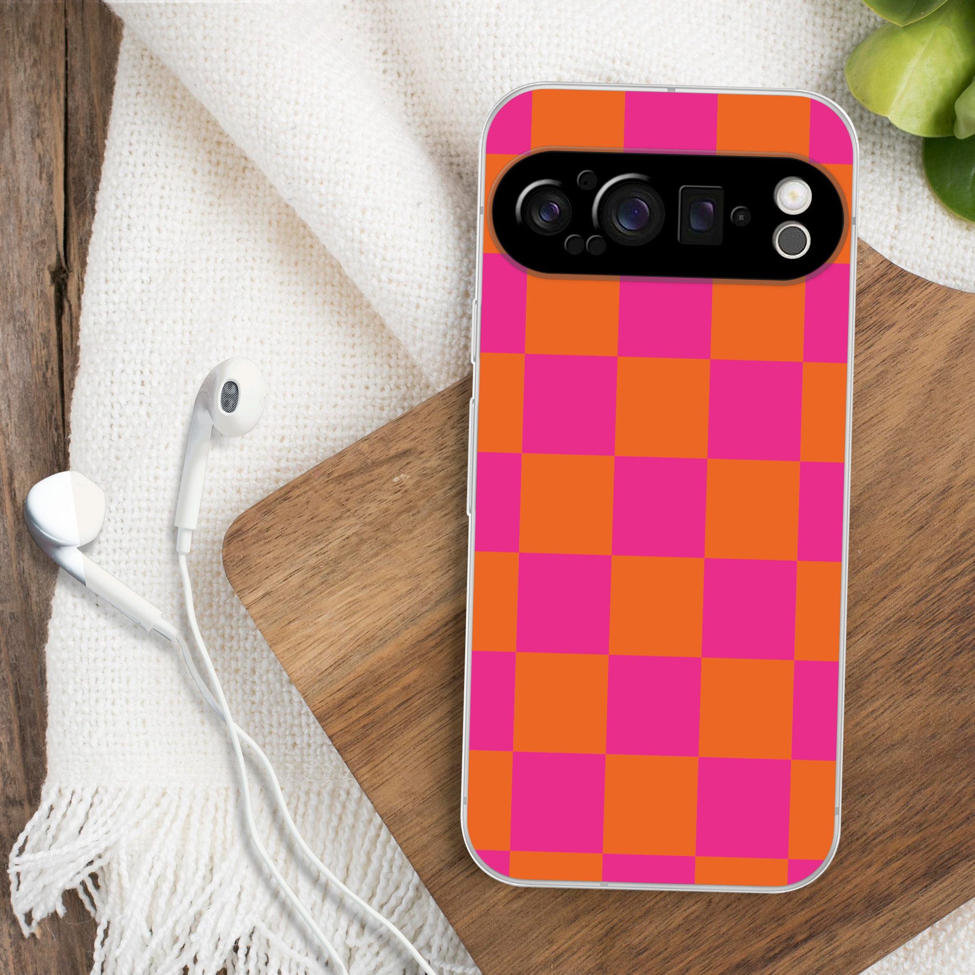 MuchoWow Handyhülle für Google Pixel 9 Pro Schachbrettmuster - Orange - Rosa - Blöcke, Phone Case, Silikon, Schutzhülle Dünn