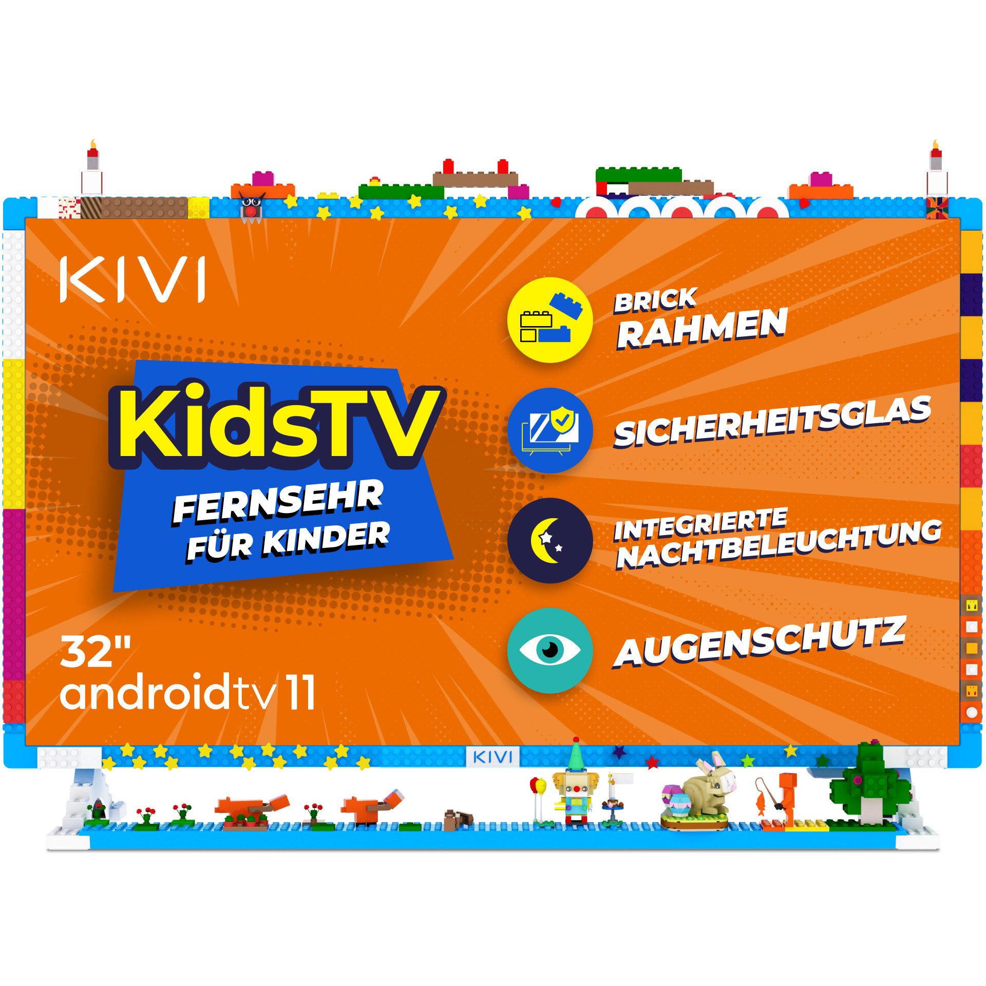 KIVI KIDS TV LED-Fernseher (81,30 cm/32 Zoll, Full HD, Smart-TV, Android TV, GoogleTV, AndroidTV, Sicherheitsglas, Nachtlicht, Kinder TV, Kinder Fernseher)