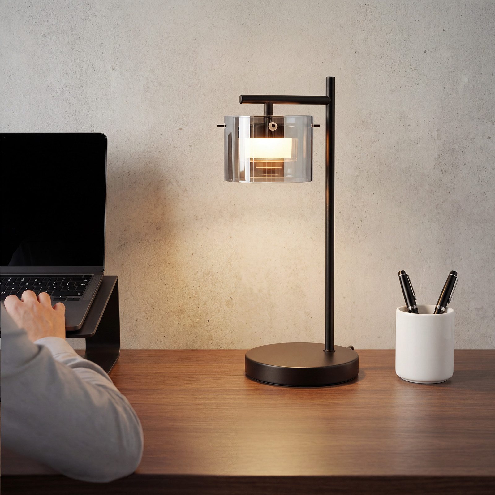ZMH LED Tischleuchte Schwarz LED Nachttischlampe mit Kabel aus Rauchglas/Metall für Büro, Augenfreundlicht, Inklusive LED-Lampe, Tageslichtweiß, LED Schreibtisch Lampen