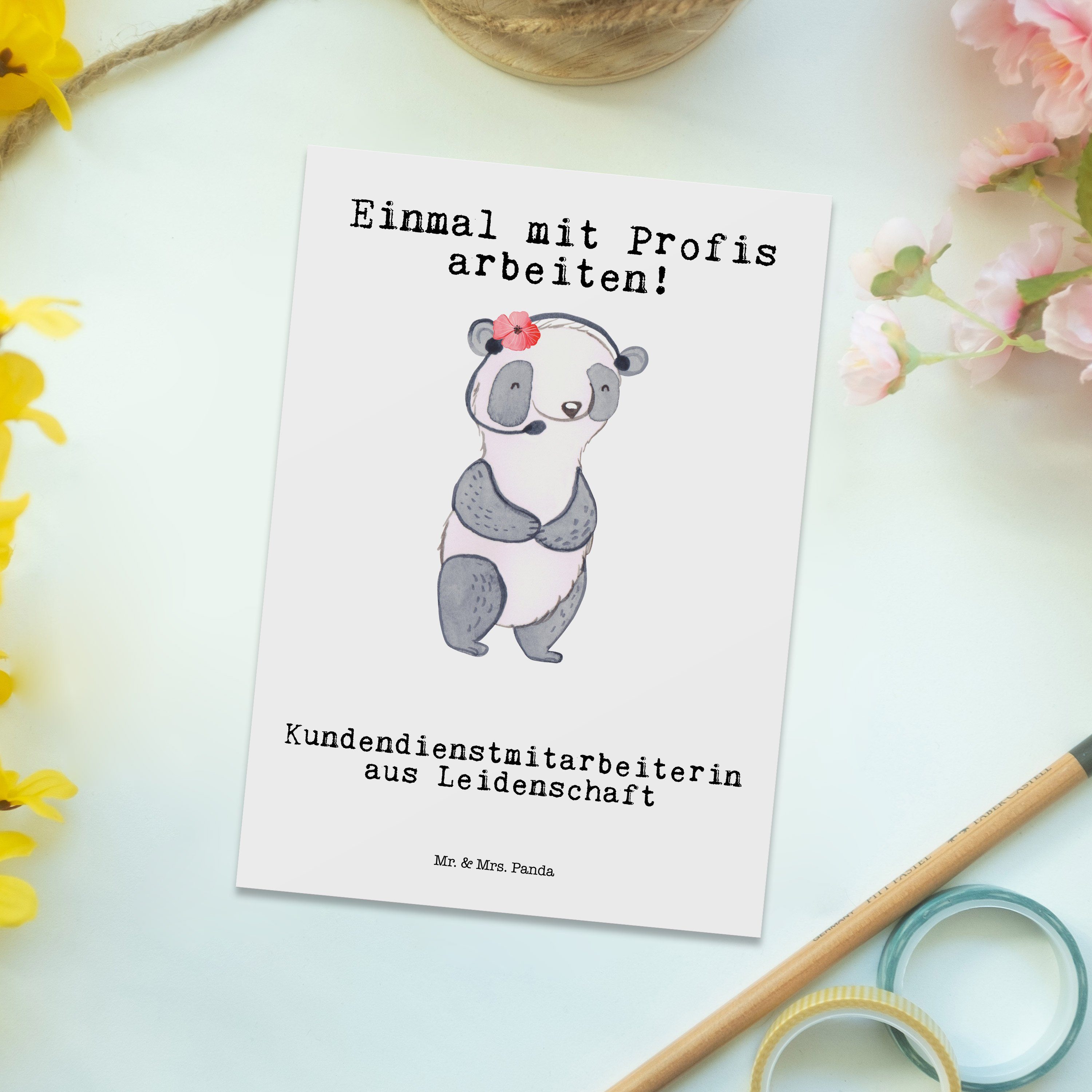 Mr. & Mrs. Panda Postkarte Leidenschaft Kundendienstmitarbeiterin Weiß - - aus Geschenk, headset