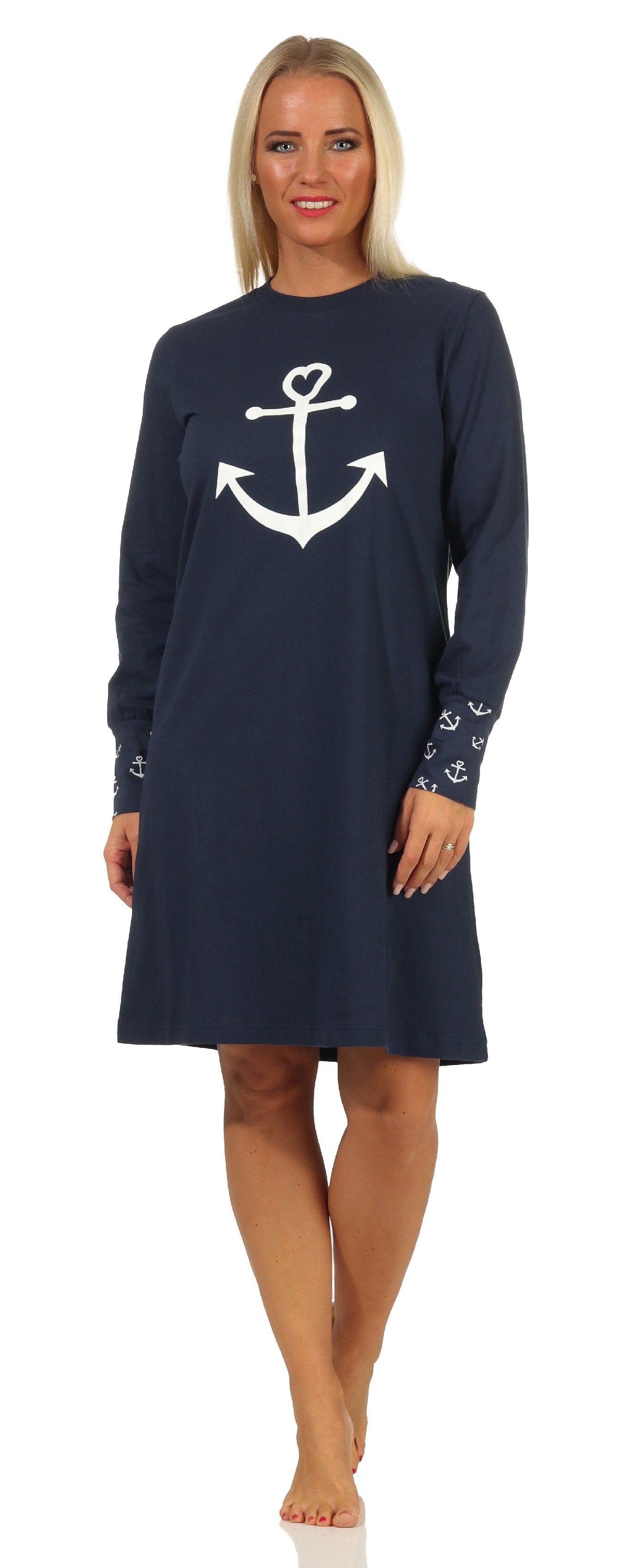 als maritimer Nachthemd mit marine Damen mit in Normann Nachthemd Bündchen Optik Anker Motiv