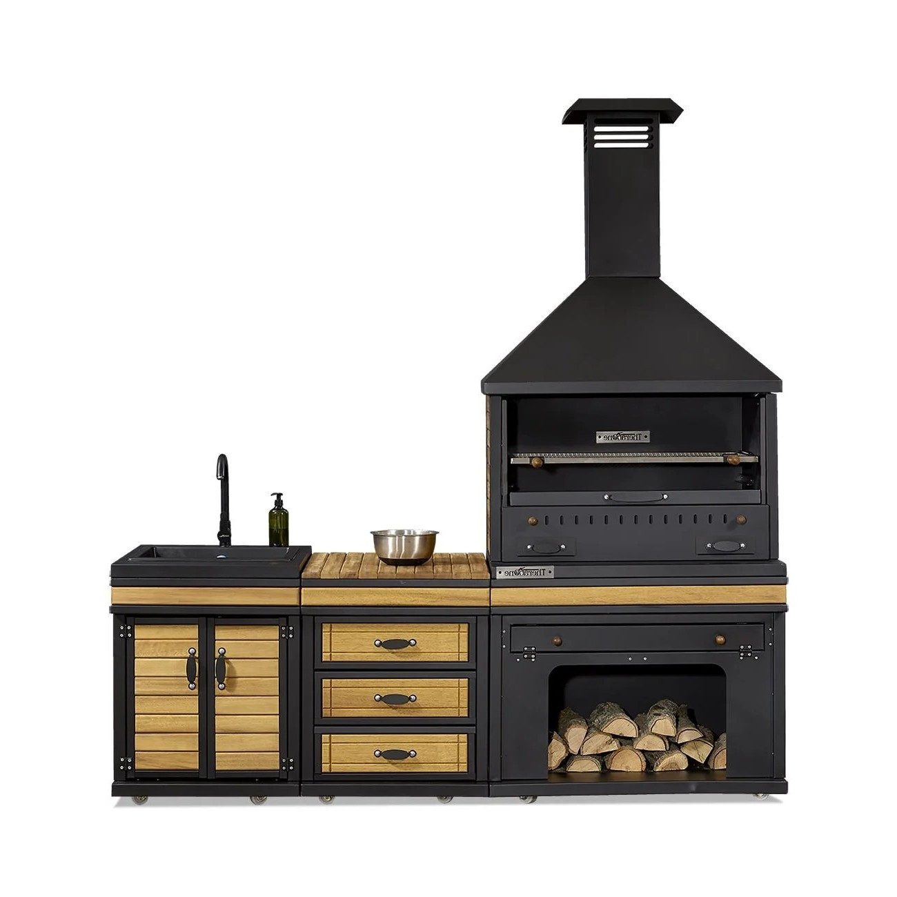 Xlmoebel Outdoor-Küche XLMOEBEL Außenküche aus Holz und Edelstahl in Schwarz-Braun, Made in Europa