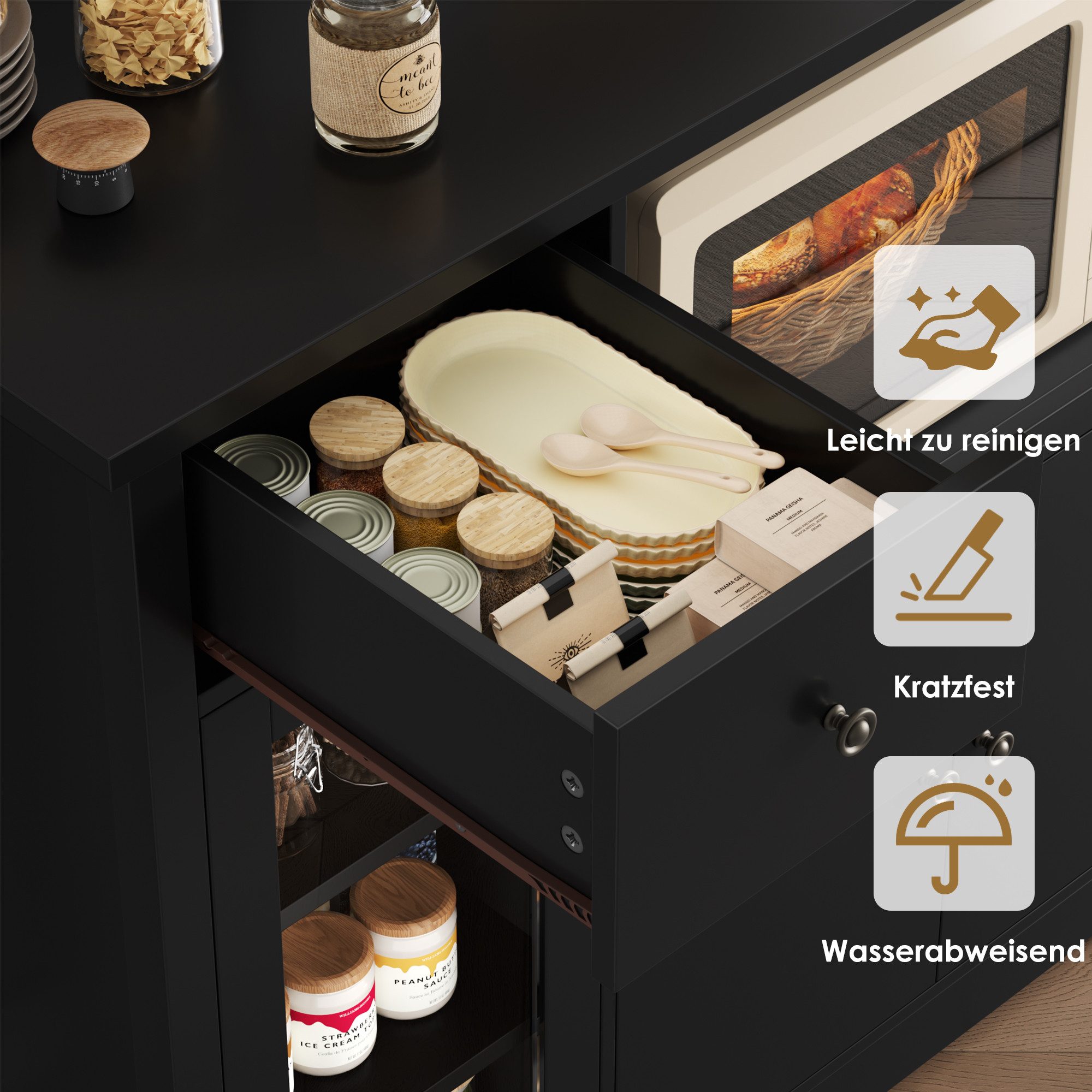 HOMECHO Buffet Küchenschrank weiß Mikrowellenregal mit Schubladen Ablagen – Bild 4 von 5