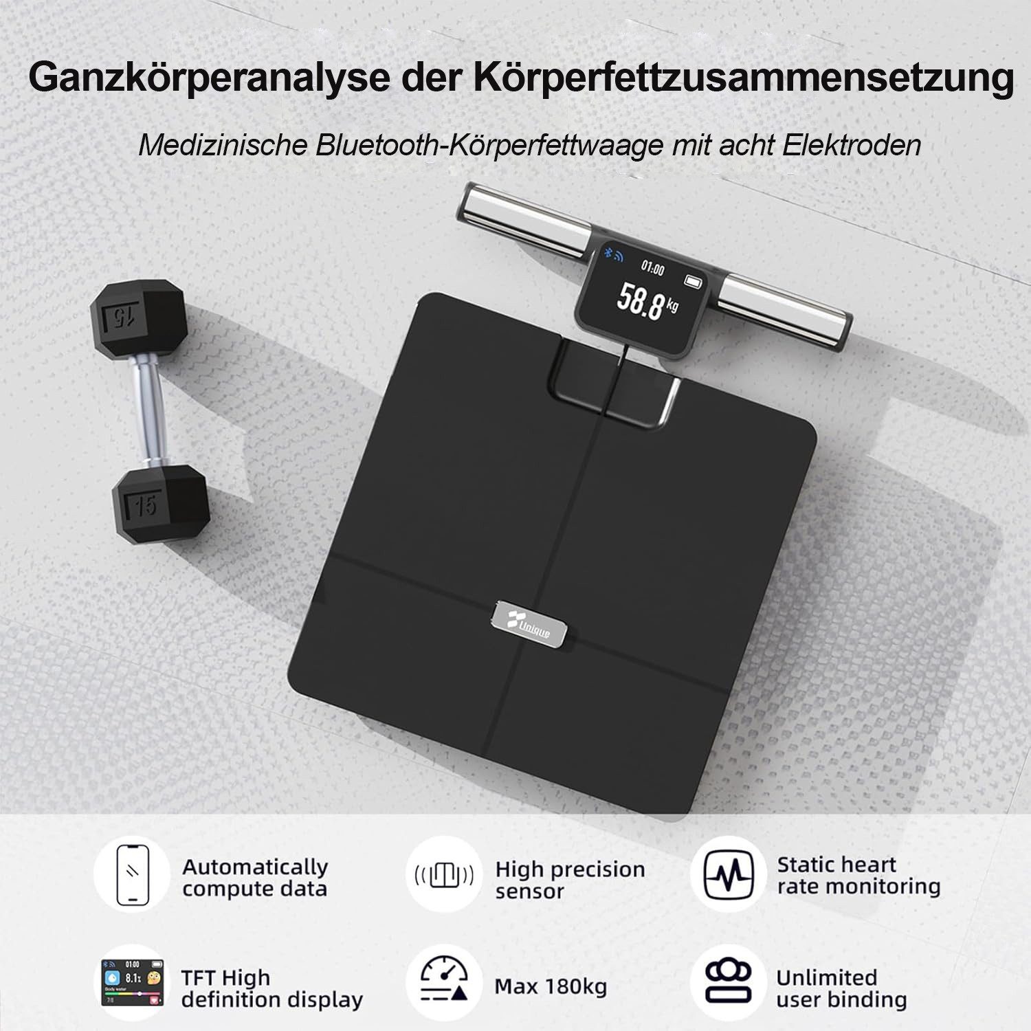 ibettertec Körper-Analyse-Waage Fitness Körperfettwaage mit 8 sensoren,App-Steuerung,Bluetooth, mit App zur Übertragung und Tracking der Messwerte, Körper & Vis – Bild 4 von 5