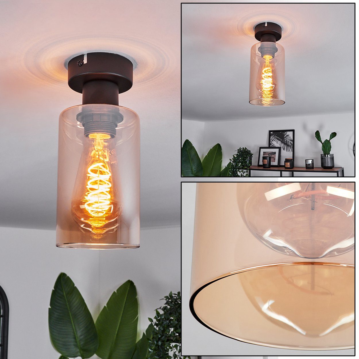 im Leuchtmittel, in ohne hofstein Schwarz/Bernsteinfarben, mit Deckenlampe moderne x Retro/Vintage-Design Deckenleuchte E27 Metall/Glas 1 aus aus Leuchte Glas, Schirm